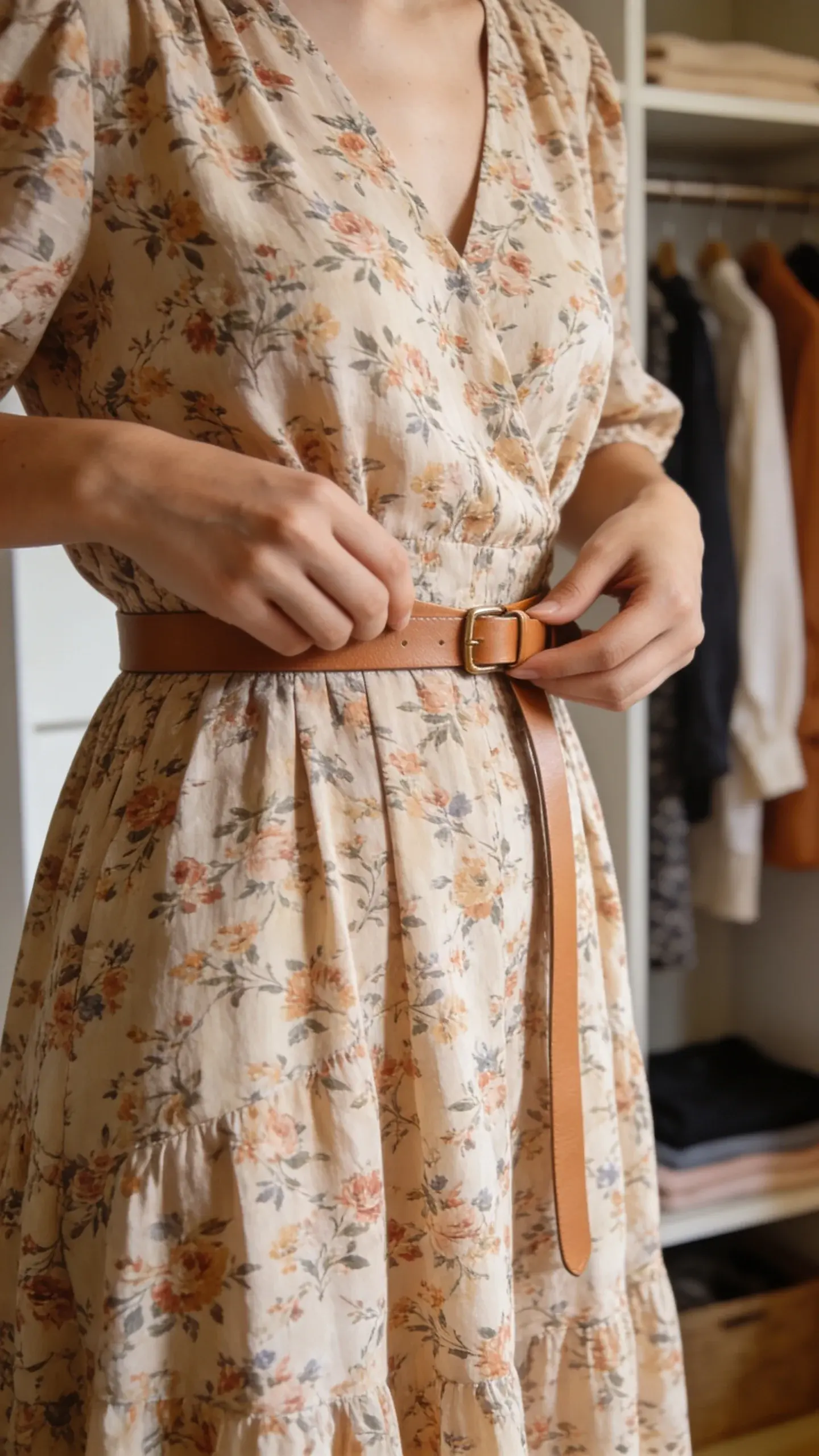 Close-up of hands using a slim tan leather belt to cinch the waist of a loose, flowy, midi-length floral dress; the belt being tightened creates a subtle hourglass shape; background is a tidy closet with neatly hung clothes; natural daylight, minimal props, no text.