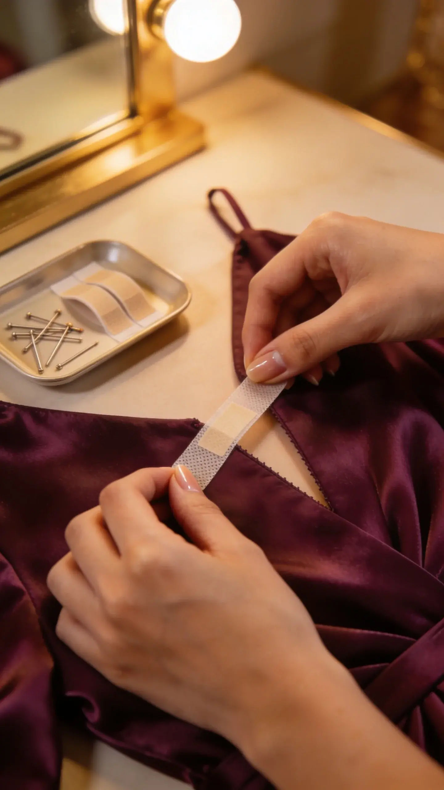 Macro close-up of double-sided fashion tape being applied along the inside edge of a silky wrap dress neckline in a deep jewel tone; neatly manicured hands press the tape to prevent gaping; warm vanity lighting, small tray with pins and tape nearby, no text.