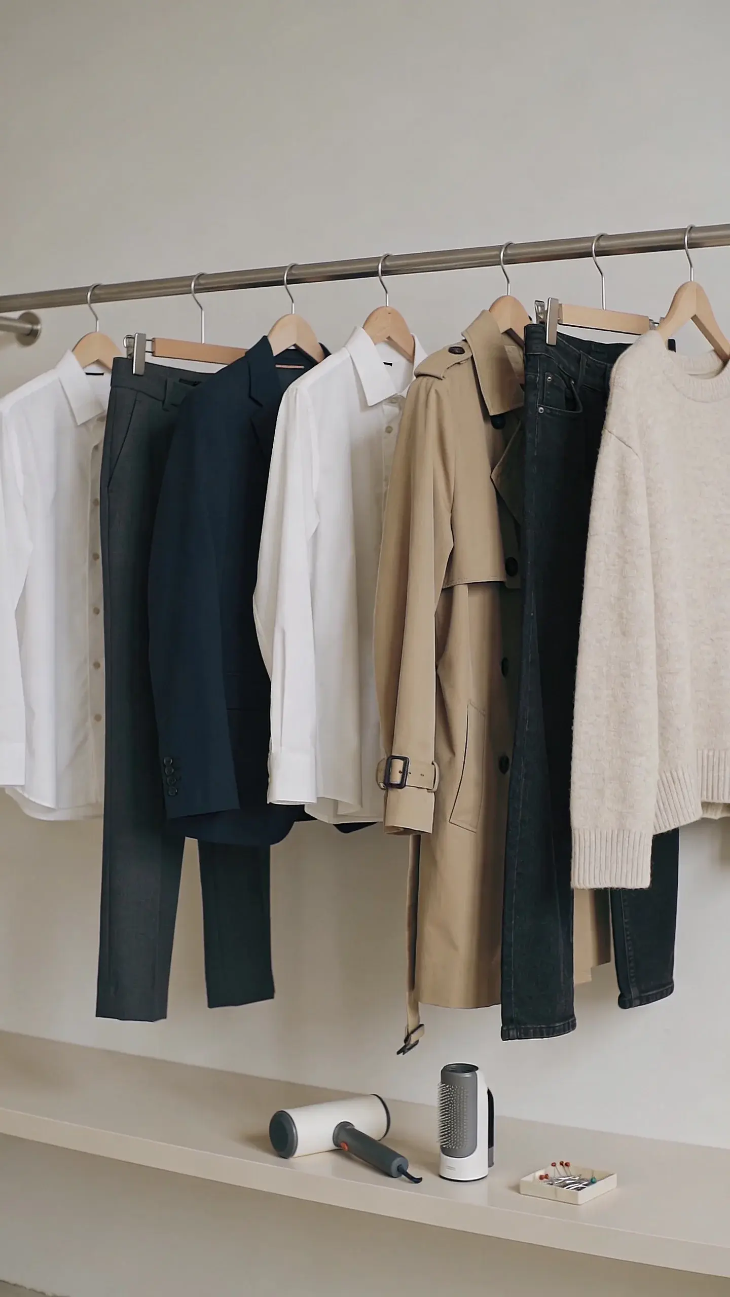 A wardrobe rail styled like a capsule: crisp white button-downs, a navy blazer, tailored trousers, a trench coat, dark denim, neutral knit; hangers evenly spaced; beneath, a shelf with a lint roller, fabric shaver, and a small sewing kit with safety pins visible; soft neutral background, no text.