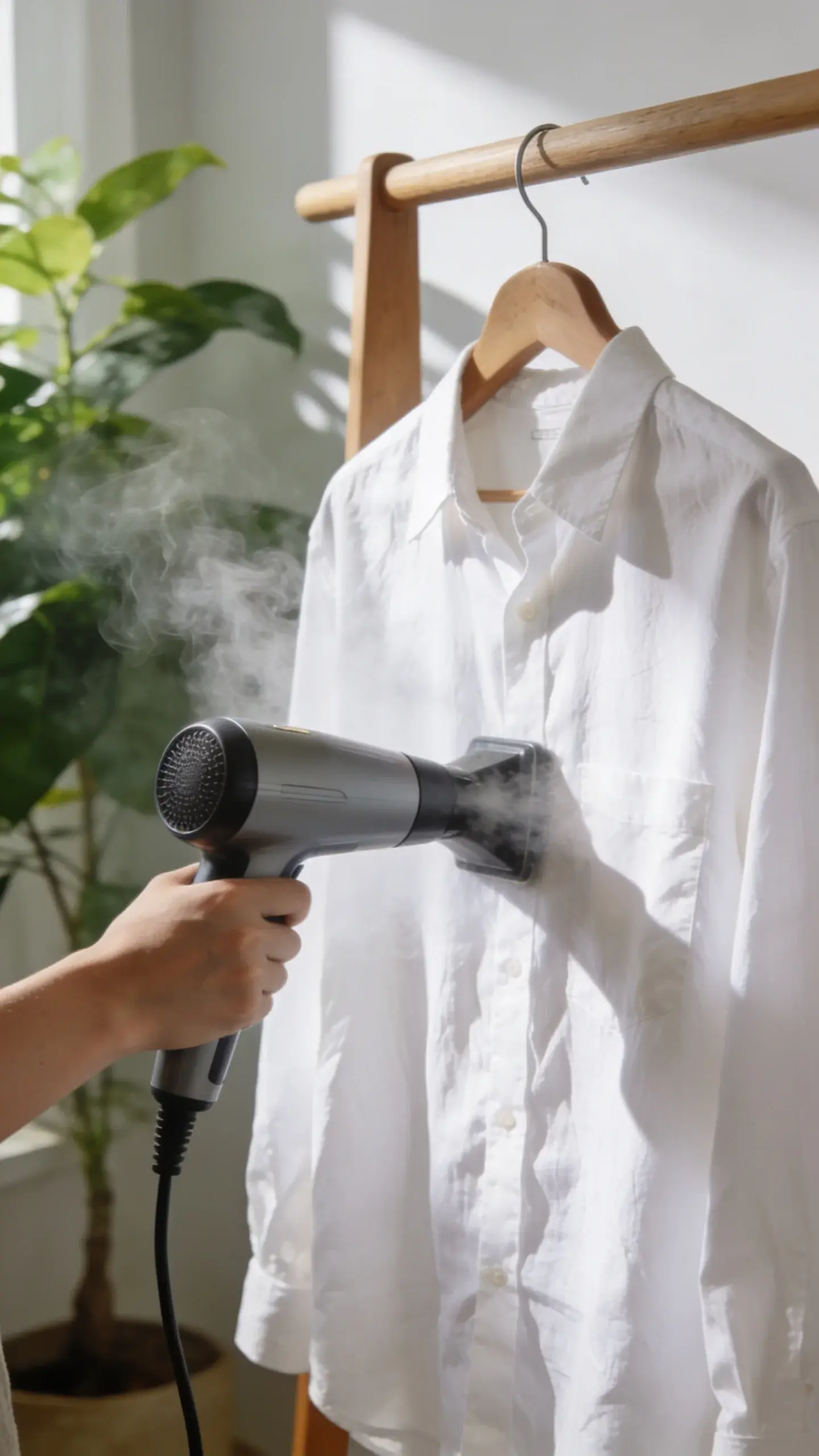Action shot of a person using a handheld steamer to release wrinkles from a white cotton shirt hanging on a wooden hanger; gentle steam visible, shirt transforming from creased to smooth; bright natural light from a nearby window, plant in background, no text.