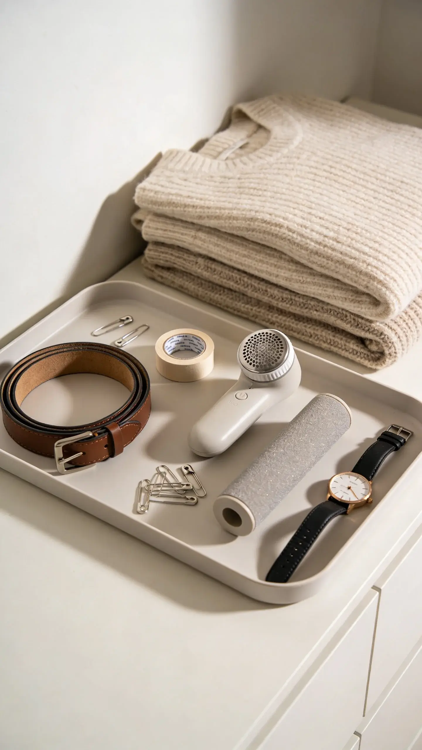 A tidy dresser top with a minimalist tray holding essentials: a slim leather belt, fashion tape, safety pins, a fabric shaver, a lint roller, and a watch; behind it, a neatly folded stack of neutral knits; overhead composition, soft shadows, no text.