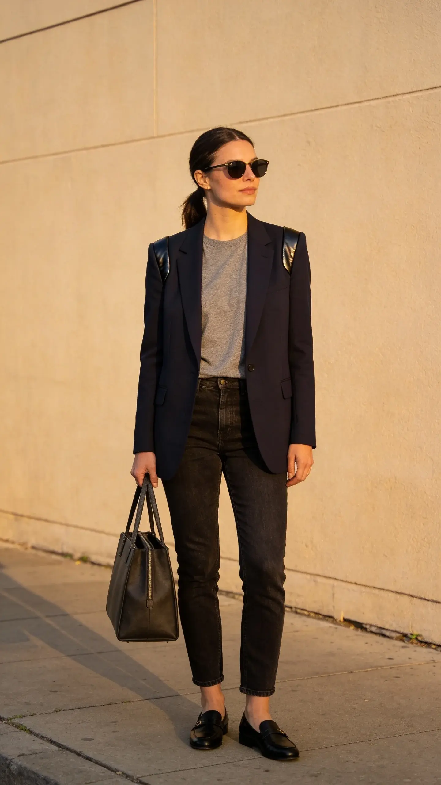 Street-style scene on a calm city sidewalk: a woman in a navy blazer with shoulder seams resting exactly on her shoulders, a gray crewneck tee, dark straight jeans hitting just at the ankle, and black loafers; she carries a structured tote and wears subtle sunglasses; her hair is in a low ponytail; warm afternoon light, clean minimal backdrop.
