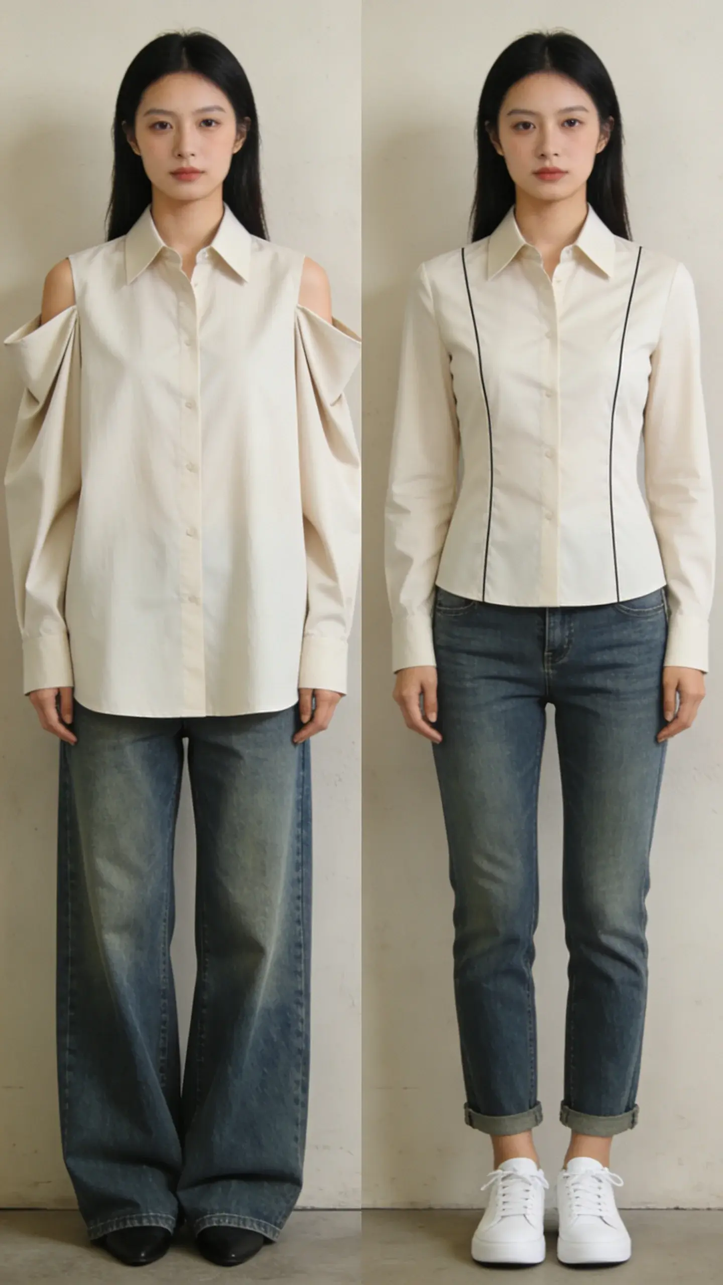 Side-by-side feel in one image: left half shows a woman in a boxy oversized shirt with drooping shoulder seams and baggy jeans; right half shows the same woman in a similar shirt tailored to skim her frame with seams aligned and jeans hemmed to just touch the top of white sneakers; neutral wall background, consistent lighting, no text or arrows.