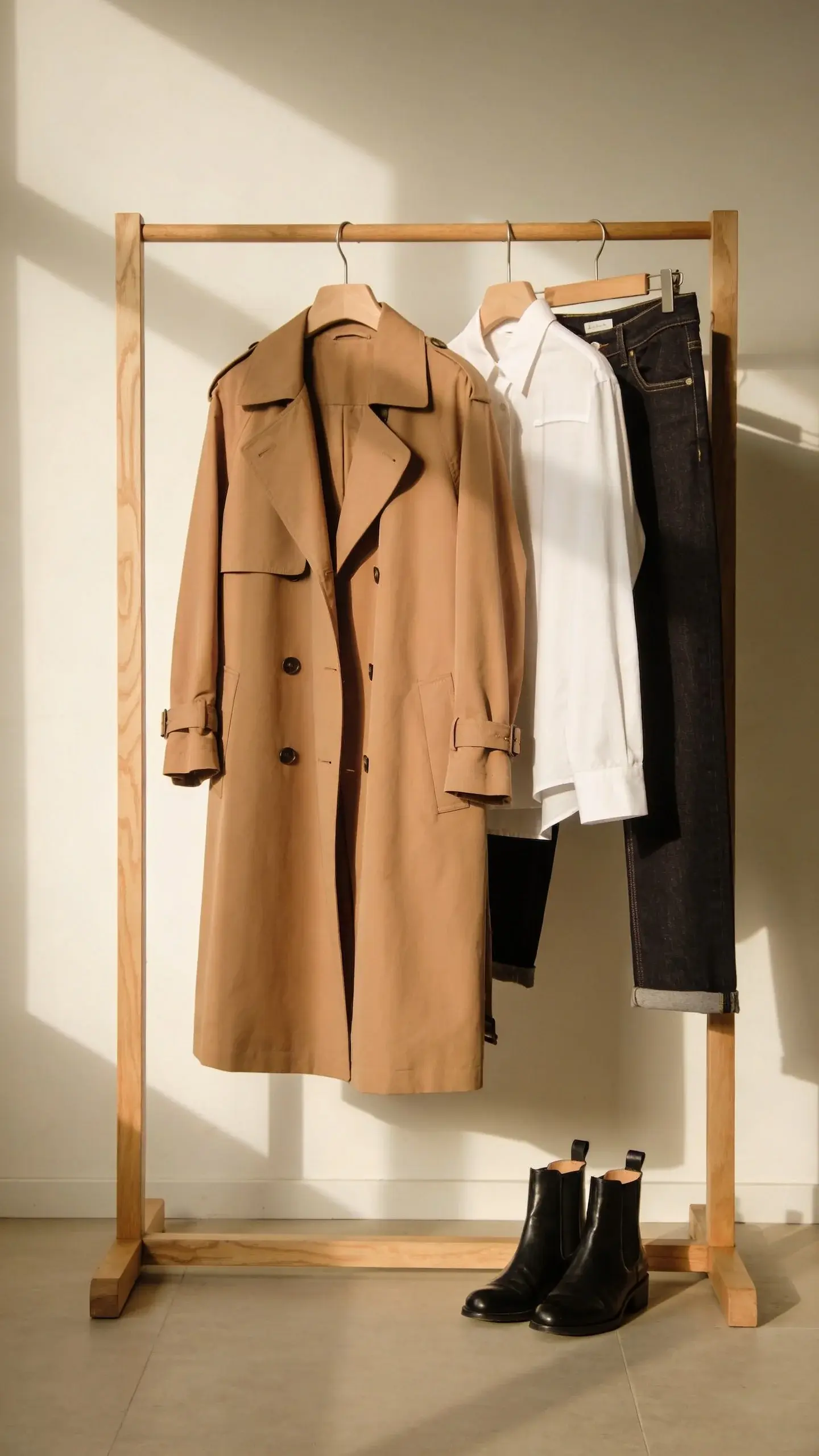 A serene walk-in closet vignette: a wooden valet stand holds a neatly pressed camel trench coat with sleeves tailored to wrist bone, a crisp white oxford with precise shoulder seams, and dark jeans folded to show a clean hem; on the floor, polished ankle boots; warm diffused lighting, soft shadows, no clutter.