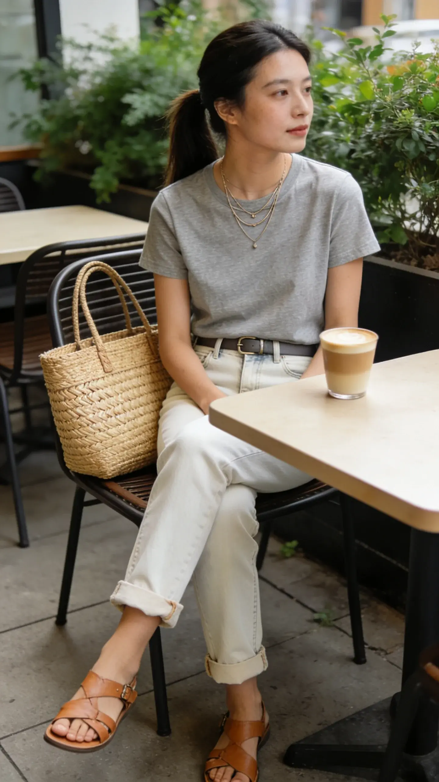 Casual weekend look on a quiet café terrace: a woman in a soft heather-gray tee tucked into light-wash straight jeans with a thin belt, hem slightly cropped to show tan leather sandals; delicate layered necklace, ponytail, structured straw tote on the chair; simple latte on the table, greenery in the background.