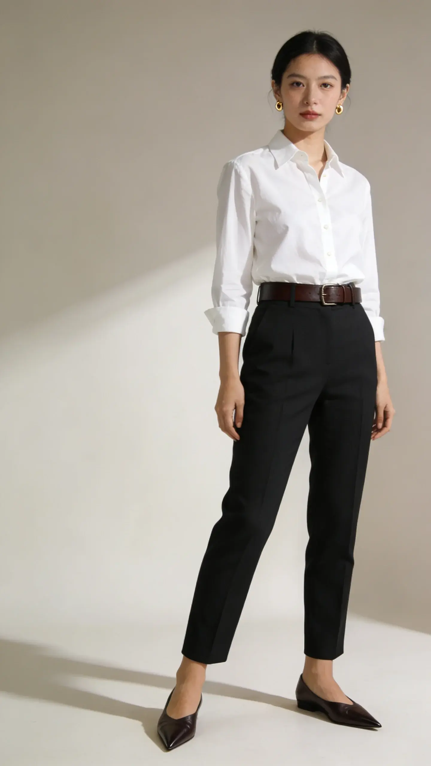 A minimalist, well-lit studio shot of a woman in a crisp white cotton poplin button-down tucked into high-waisted, tailored black wool trousers, matte leather belt, pointed-toe leather flats, delicate gold stud earrings; neutral background, soft shadows, no logos, no text.