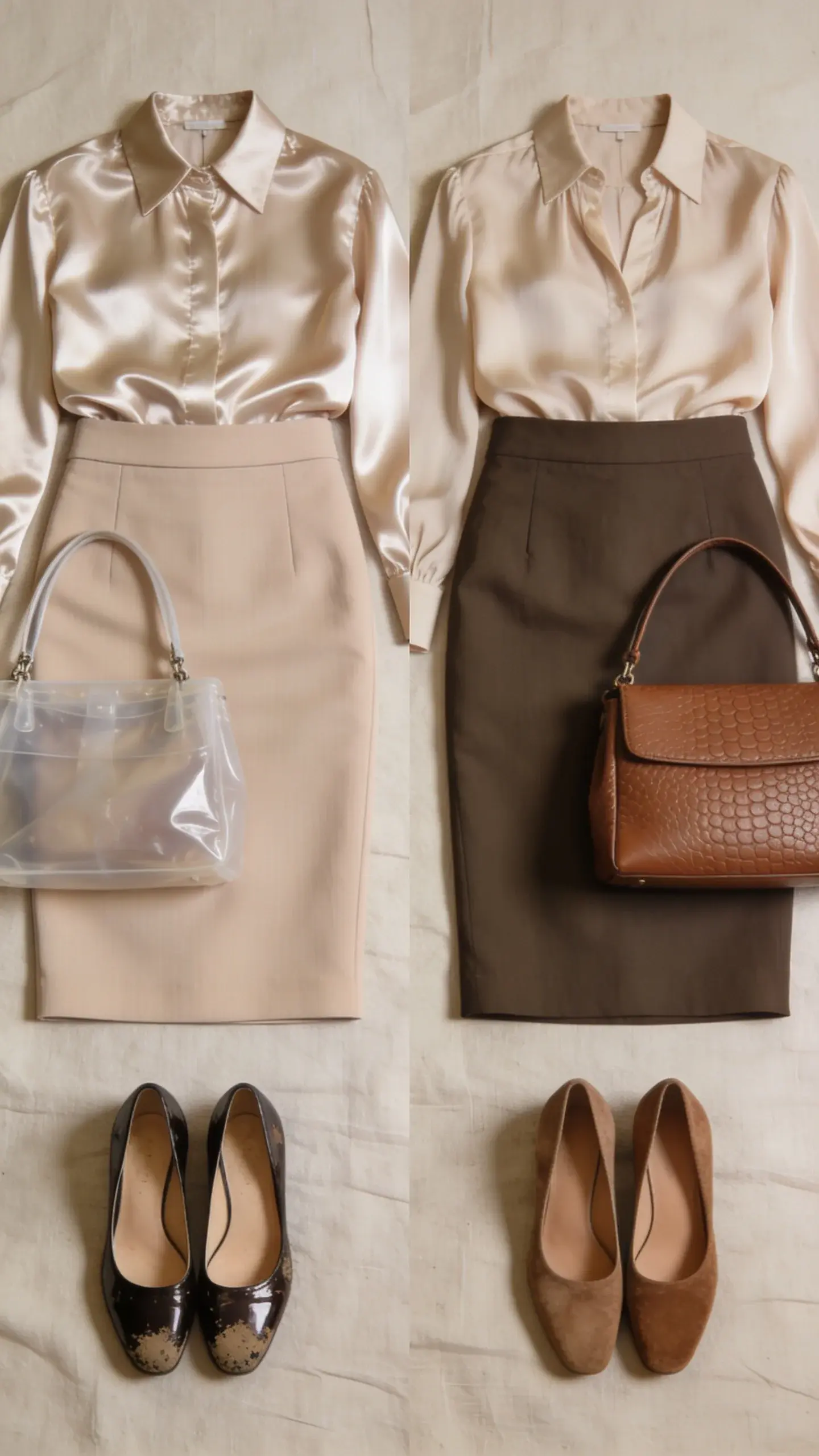 Side-by-side styled flat lay on a neutral linen backdrop: left side “cheap” look with ultra-shiny satin blouse, thin polyester pencil skirt, plastic-looking faux-leather handbag, scuffed patent heels; right side “expensive” look with matte silk blouse, dense twill skirt, structured pebble-grain leather bag, suede pumps; consistent lighting, no text.