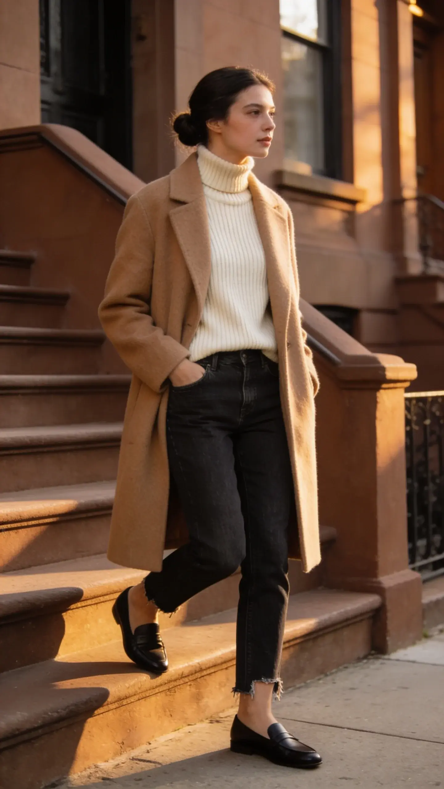 Street-style scene: woman wearing a camel wool coat over a ribbed cream knit turtleneck, tailored dark denim with no distressing, sleek loafers, hair in a low bun, minimal makeup; muted city background (brownstone steps), golden-hour light, natural color palette.