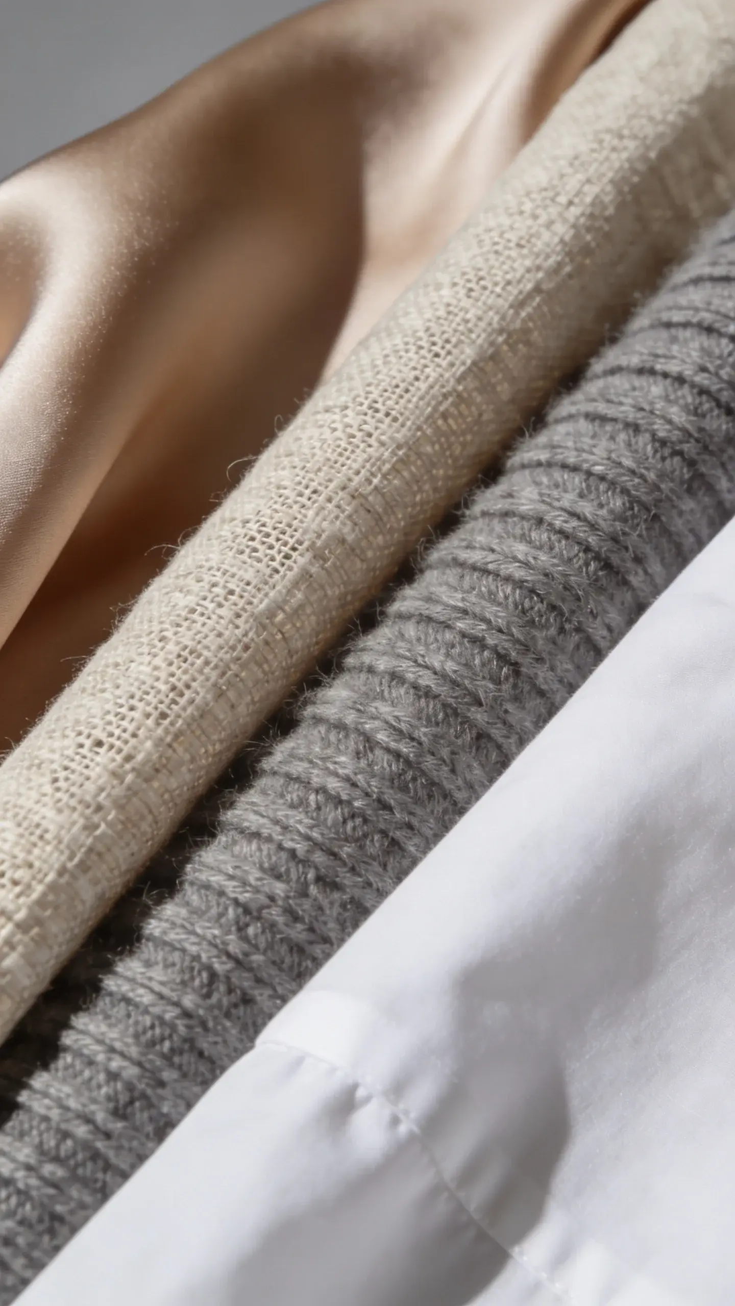 Close-up texture study: macro shots arranged diagonally of fabrics—matte silk charmeuse, linen weave, cashmere rib knit, crisp cotton poplin—showing their drape and texture against a soft gray background; gentle shadows, no hands, no tags.
