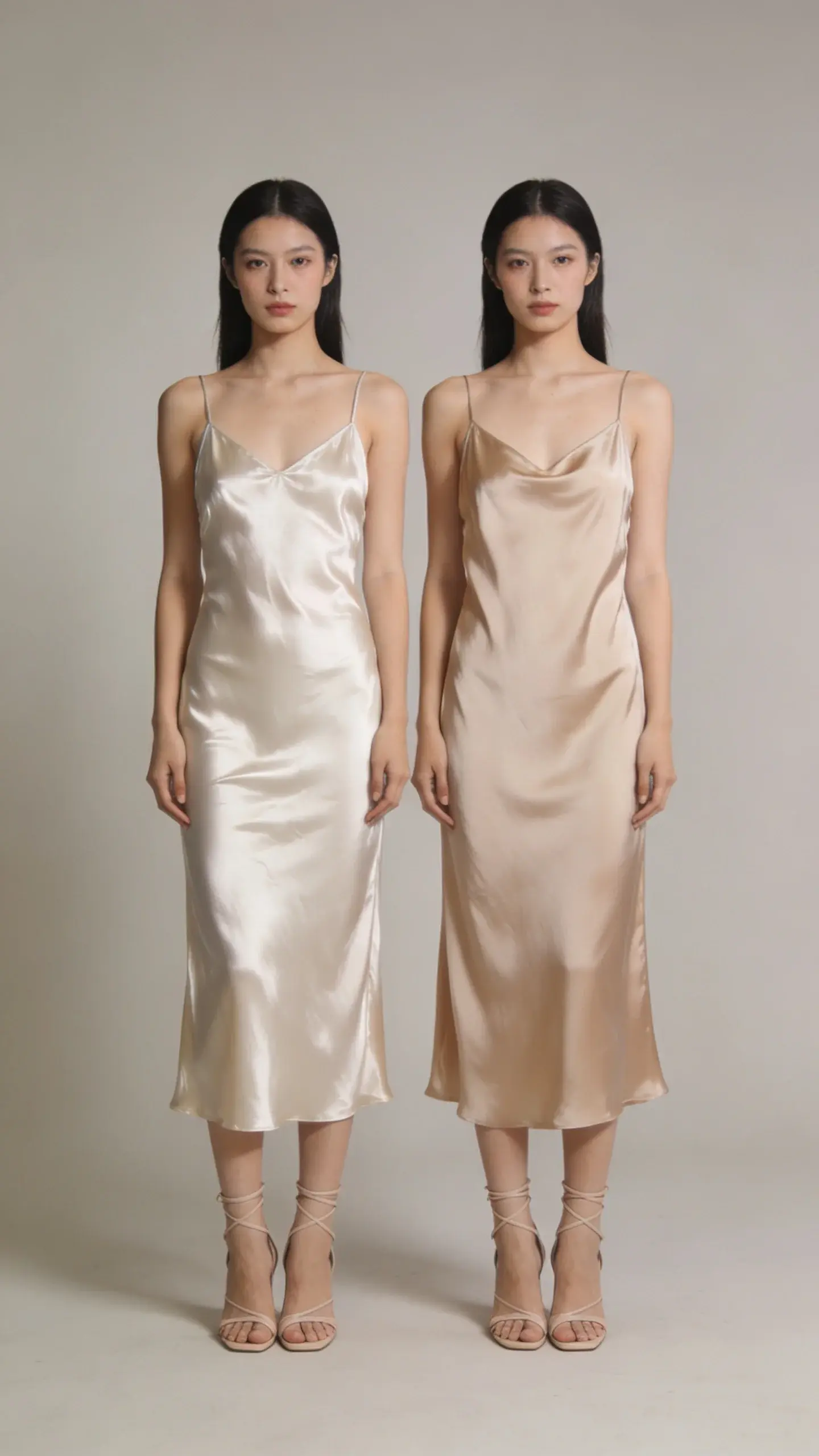 Contrast outfit comparison in the same pose/environment: Model A in a thin, shiny satin slip dress that clings and shows wrinkles; Model B in a matte silk slip dress with thicker weight and smooth drape; both in nude strappy heels, same neutral studio, same lighting, full body, no text.