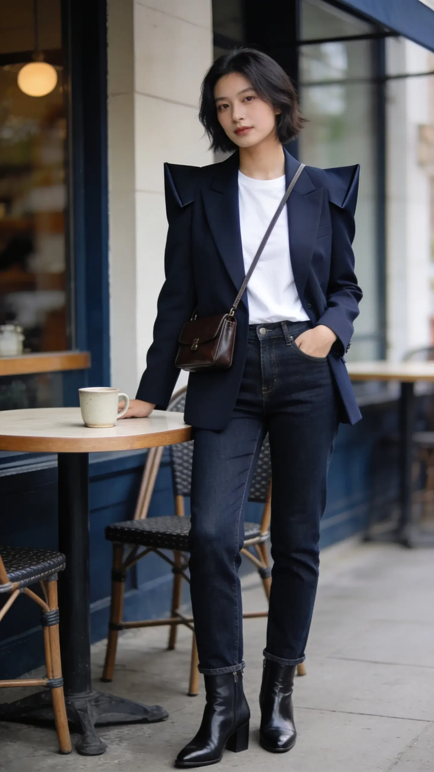 Elevated casual: woman in a structured navy blazer with sharp shoulders, white tee in substantial cotton, straight-leg dark indigo jeans, polished ankle boots, small structured leather crossbody; standing by a café table with a minimalist ceramic cup; soft natural daylight.