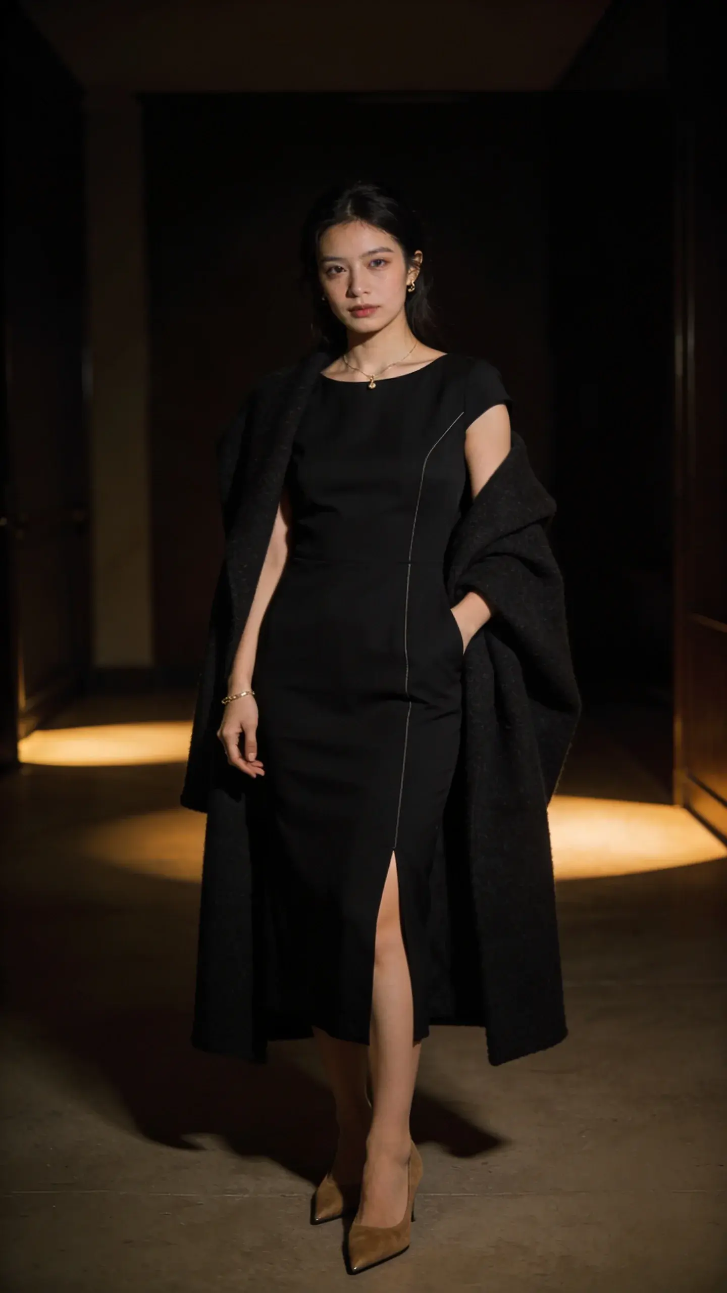 Evening look done right: woman in a black crepe midi dress with clean seams and a subtle slit, draped wool-blend coat over shoulders, pointed suede pumps, minimal fine jewelry; dim, moody indoor setting with soft spot lighting highlighting matte fabrics, no visible labels.