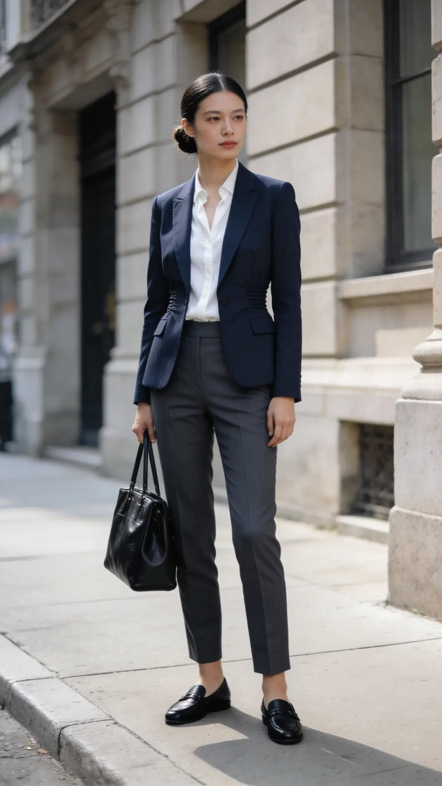 A full-length shot of a woman standing on a sunlit city sidewalk in front of an understated stone building: she wears a navy single-breasted blazer with subtle waist shaping, pressed-crease charcoal slim trousers, a white cotton-silk blouse, and black loafers; hair in a low sleek bun, minimal makeup, structured black leather tote; muted color palette, shallow depth of field.
