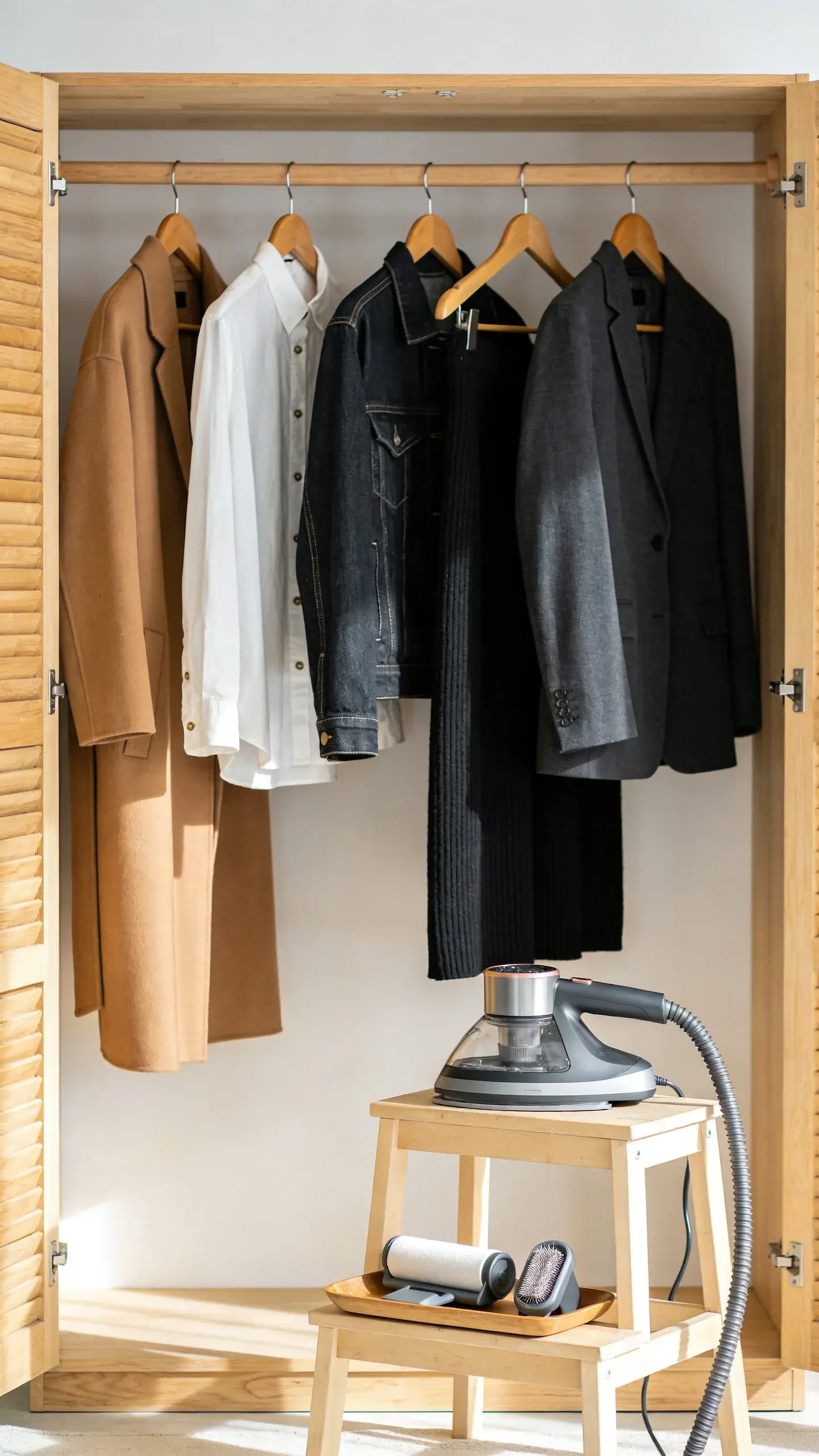 A serene bedroom scene with an open clothing rack: five-piece capsule shown spaced evenly—camel coat, white button-down, dark denim, black knit midi skirt, charcoal blazer; matching wooden hangers, a steamer on a stool, and a small tray with lint roller and fabric shaver; bright morning light, clean lines, no clutter.