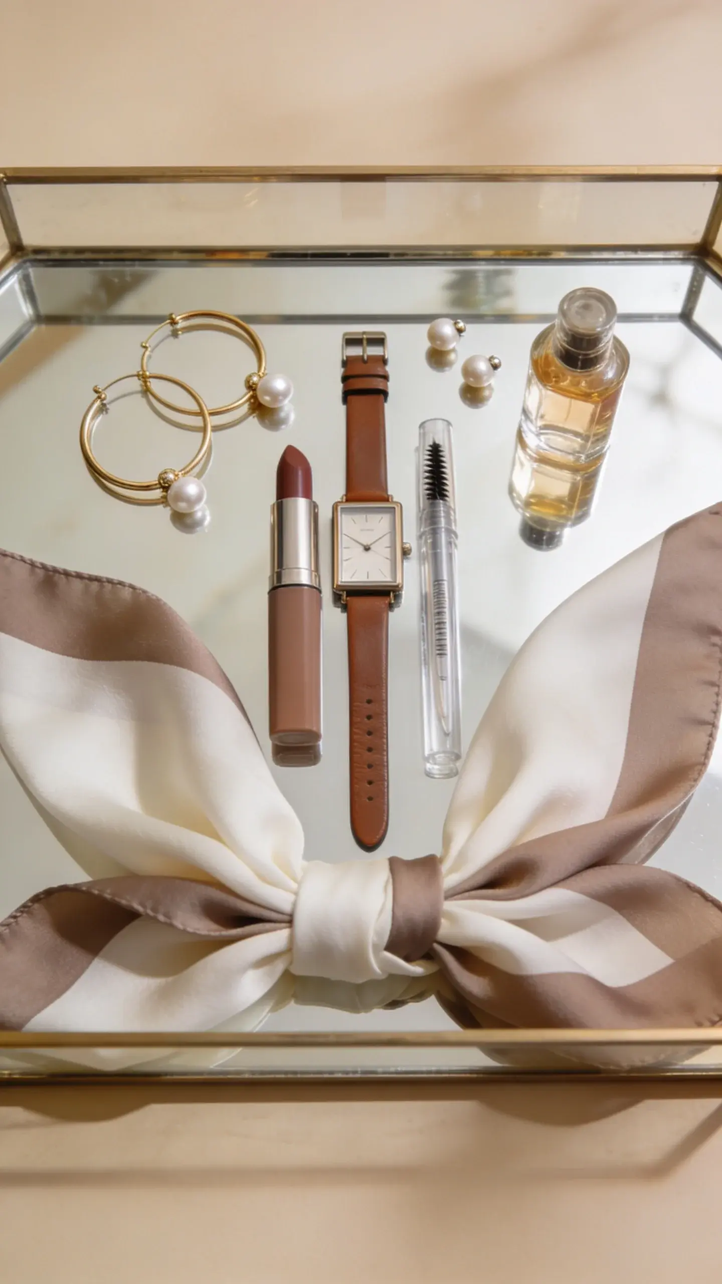 A makeup-and-accessories vignette on a vanity: gold hoop earrings, pearl studs, a slim rectangular watch with leather strap, a neutral lipstick, clear brow gel, and a small bottle of perfume; next to a neatly folded silk scarf in ivory and taupe; arranged symmetrically on a glass tray with reflections.