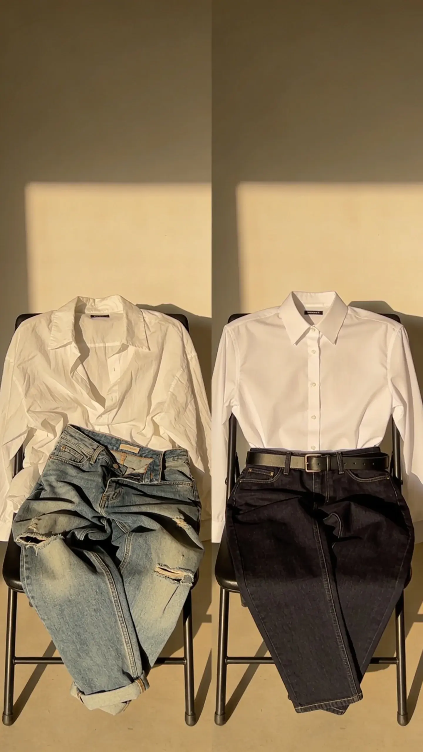 A before-and-after style composition: left side shows an oversized, wrinkled shirt and distressed jeans loosely piled on a chair; right side shows a tailored white button-down, dark-wash straight jeans, and a slim belt laid crisply on the same chair; identical lighting and background, strong contrast in neatness and fit (no text, split by composition only).