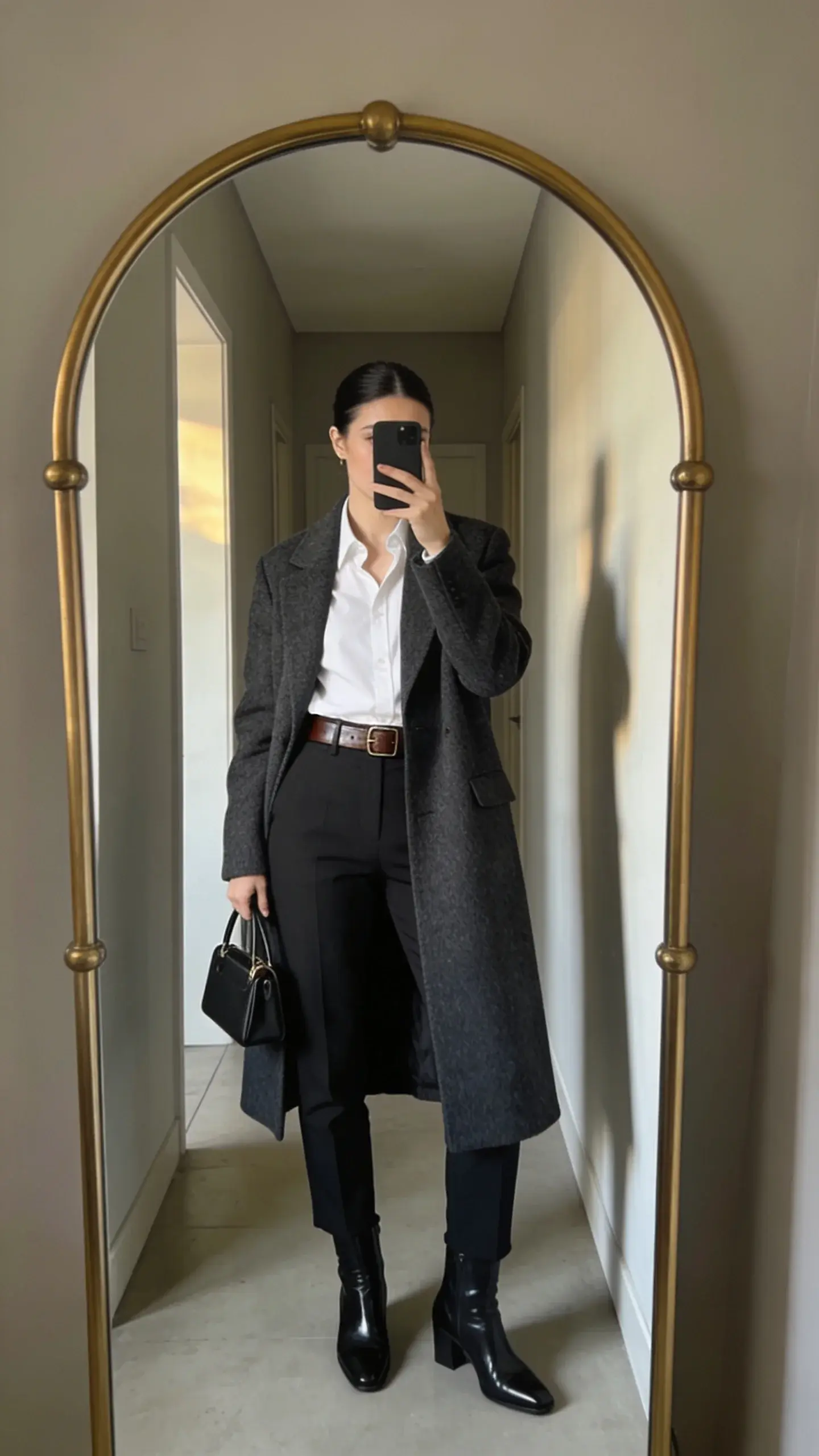 A hallway mirror selfie-style shot (camera not visible): woman wears a charcoal wool coat, white shirt tucked into black straight trousers with a fine leather belt, polished black ankle boots; hair slicked back, small top-handle bag; muted wall, brass mirror frame, natural afternoon light.