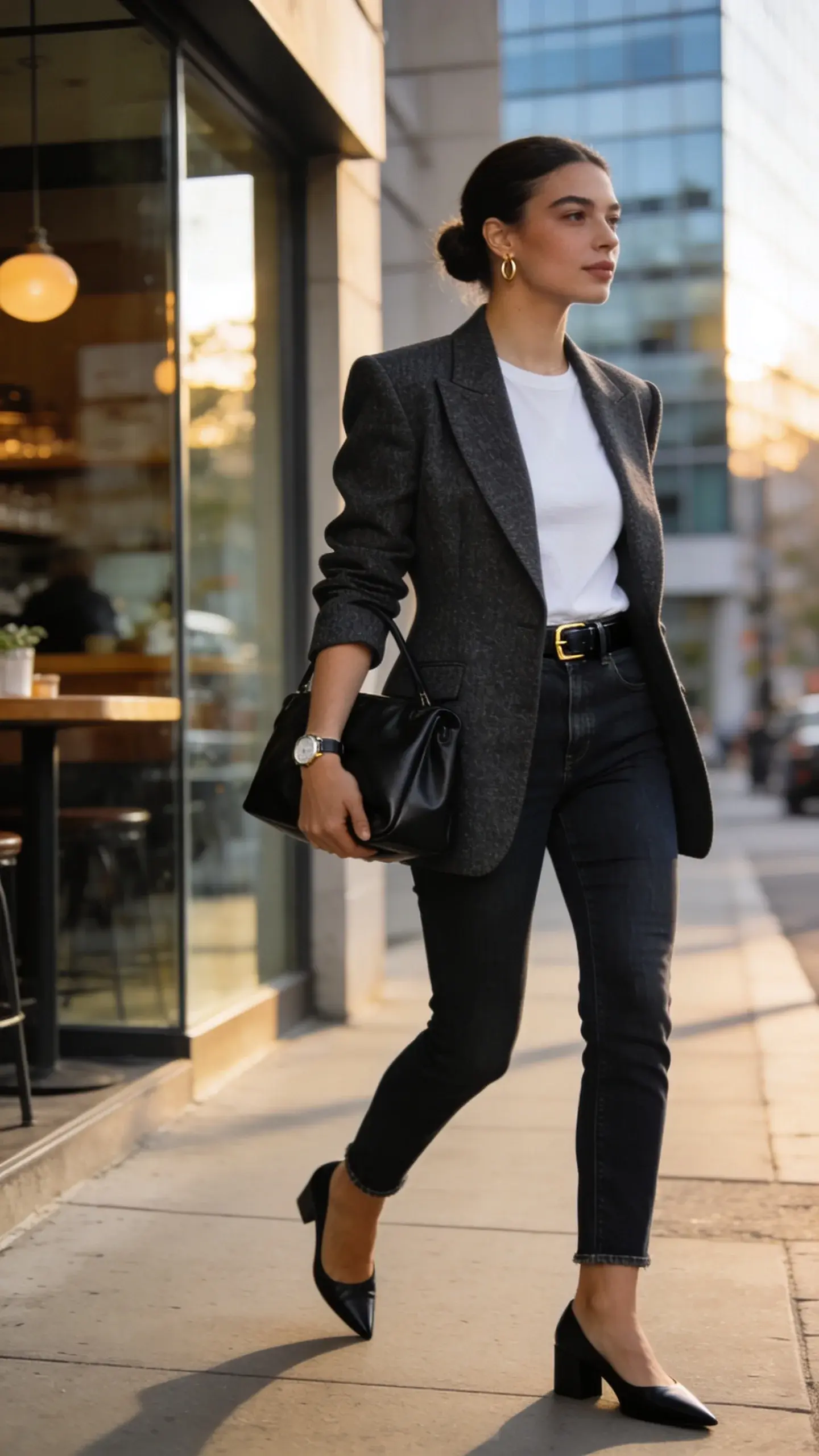 Realistic street-style fashion photo of a confident woman in her early 30s wearing a single-breasted tailored blazer that instantly reads business: sharp-shouldered, slightly nipped waist, in rich charcoal wool with subtle texture. Underneath, a high-quality white crewneck tee tucked into slim, dark-wash straight-leg denim with a clean hem. Footwear: black pointed-toe low block heels. Accessories: minimal small gold hoop earrings and a structured black leather tote carried in the crook of her arm, slim black belt with a subtle gold buckle, delicate watch. Fit details: blazer sized for a lightly relaxed, longline fit with sleeves just brushing the wrist bone; denim fitted through the hip with a straight leg that skims the ankle. Hair: smooth low bun. Makeup: natural with softly defined brows. Pose: mid-stride on a city sidewalk outside a glass-fronted café and modern office buildings, late afternoon golden hour, soft directional light and natural shadows. Background elements slightly blurred for depth of field; color palette neutral and polished (charcoal, white, black, dark indigo, warm skin tones). Photographic style: high-resolution, editorial street fashion, 50mm lens look, shallow depth of field, crisp textures on blazer and denim, no text.