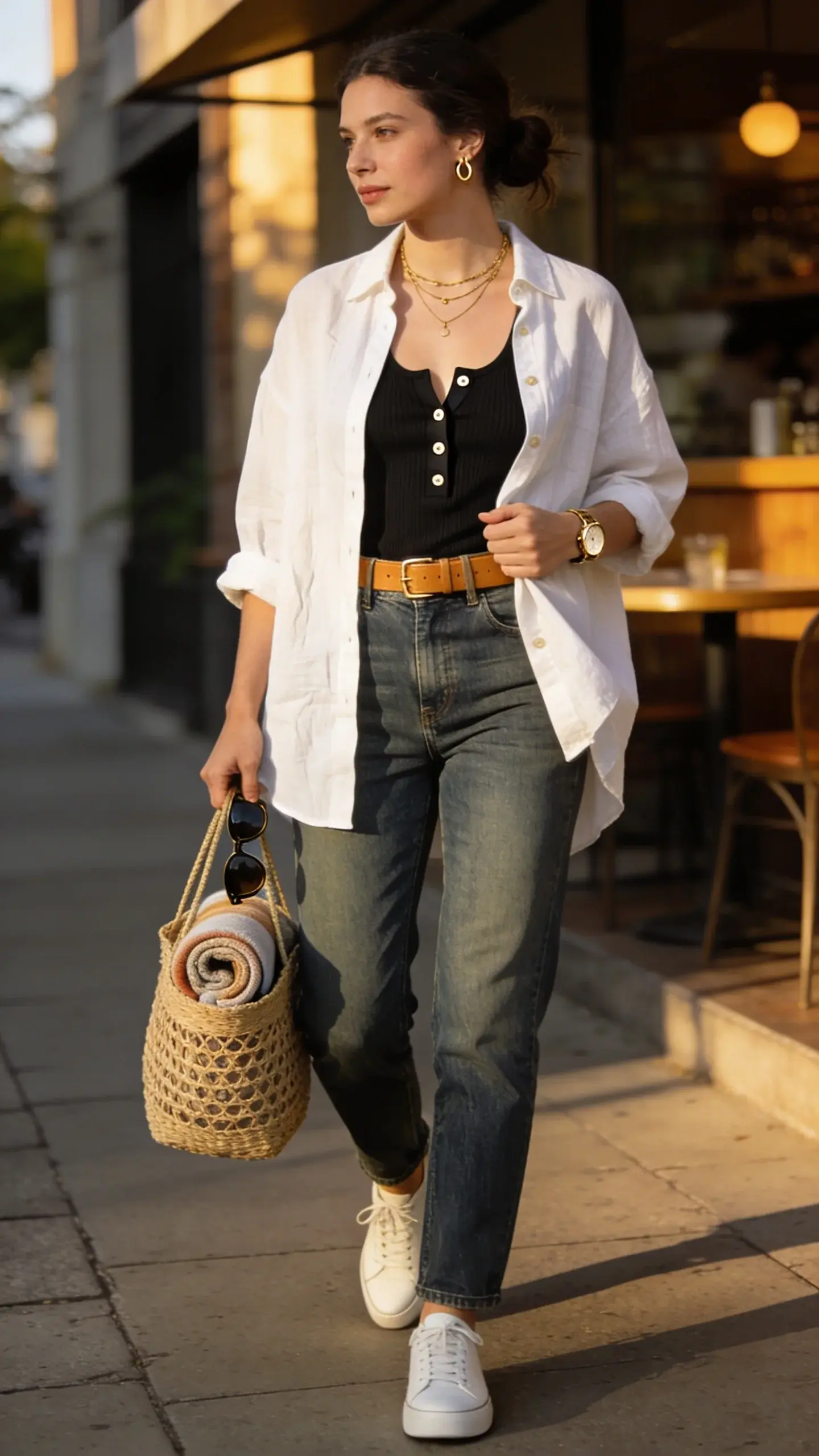 Natural-light street style photo of a woman showcasing “The Crisp Button-Up That Doubles As A Shirt, Layer, And Beach Cover”: she wears an oversized, relaxed-fit white linen button-up lightly wrinkled for ease, front-tucked into high-waisted, straight-leg medium-wash jeans; a fitted black ribbed tank peeks out beneath with the top three shirt buttons left undone; slim tan leather belt, delicate layered gold necklaces, small hoop earrings, and a minimal gold watch; classic white leather sneakers. She casually holds the shirt hem with one hand and a woven market tote with a rolled beach towel and sunglasses in the other, evoking versatile work-to-weekend-to-beach styling. Hair in a low, loose bun, natural makeup with a soft glow. Setting: late-afternoon urban sidewalk near a sunlit café, warm golden hour light, shallow depth of field, soft shadows, realistic textures on linen and denim, candid mid-step pose, editorial fashion photography, 50mm lens, high-resolution, no text.