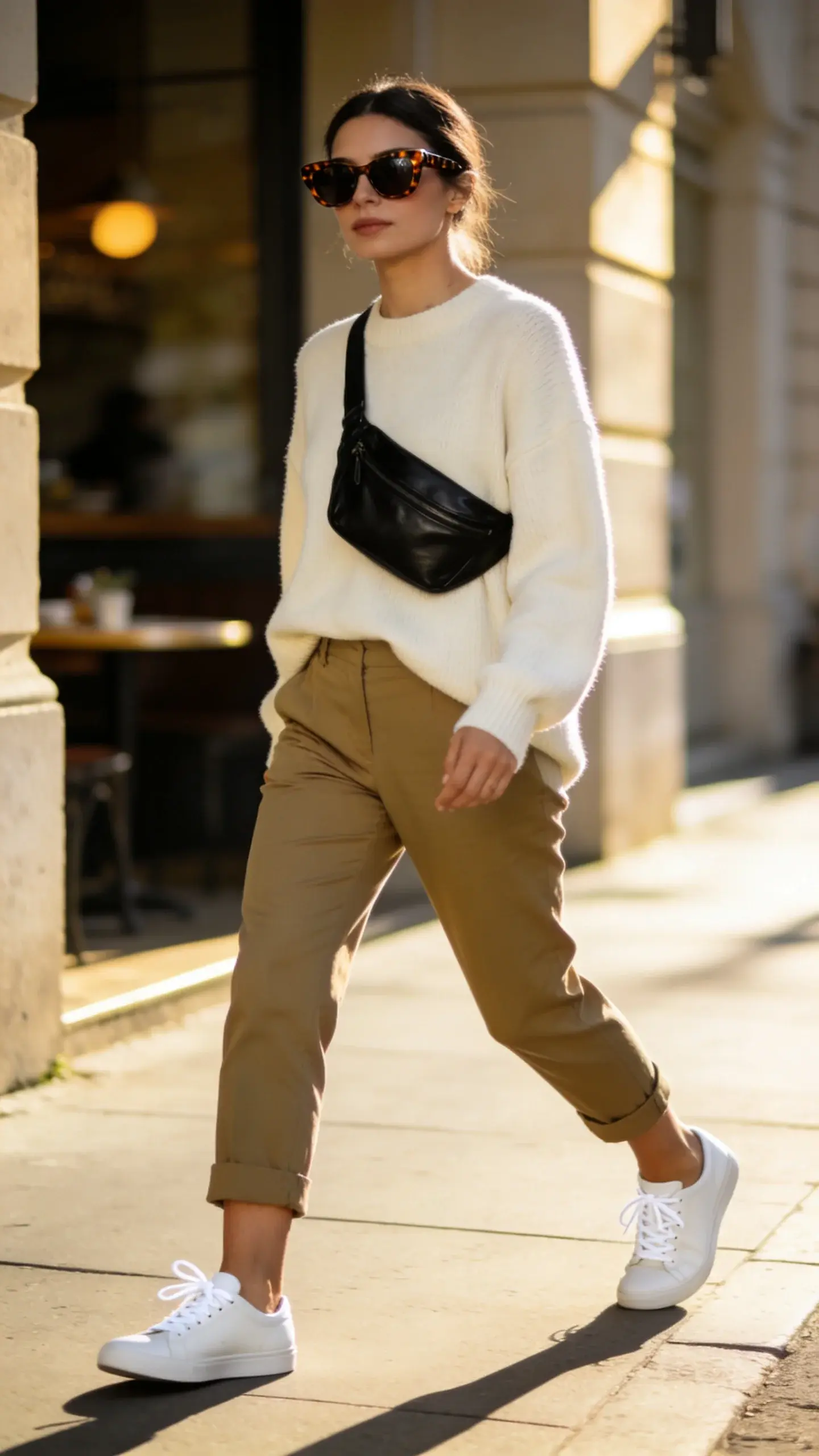 Street-style photo of a fashion-forward woman wearing elevated minimal white leather low-profile sneakers styled with cropped ankle-length khaki chinos, a boxy cream crewneck sweater slightly tucked at the front, and a sleek black leather crossbody bag worn high across the chest; subtle tortoiseshell-frame sunglasses; clean bright white laces; ankle exposed for a streamlined look. Scene: sunlit city sidewalk with soft shadows, neutral-toned architecture and a blurred café backdrop for depth. Color palette: creams, tans, khaki, black, crisp white. Composition: three-quarter body, walking mid-step to showcase the sneakers and cropped hem; shallow depth of field; natural golden-hour lighting; high-resolution realistic texture on leather and knit; minimal accessories and polished, modern vibe.
