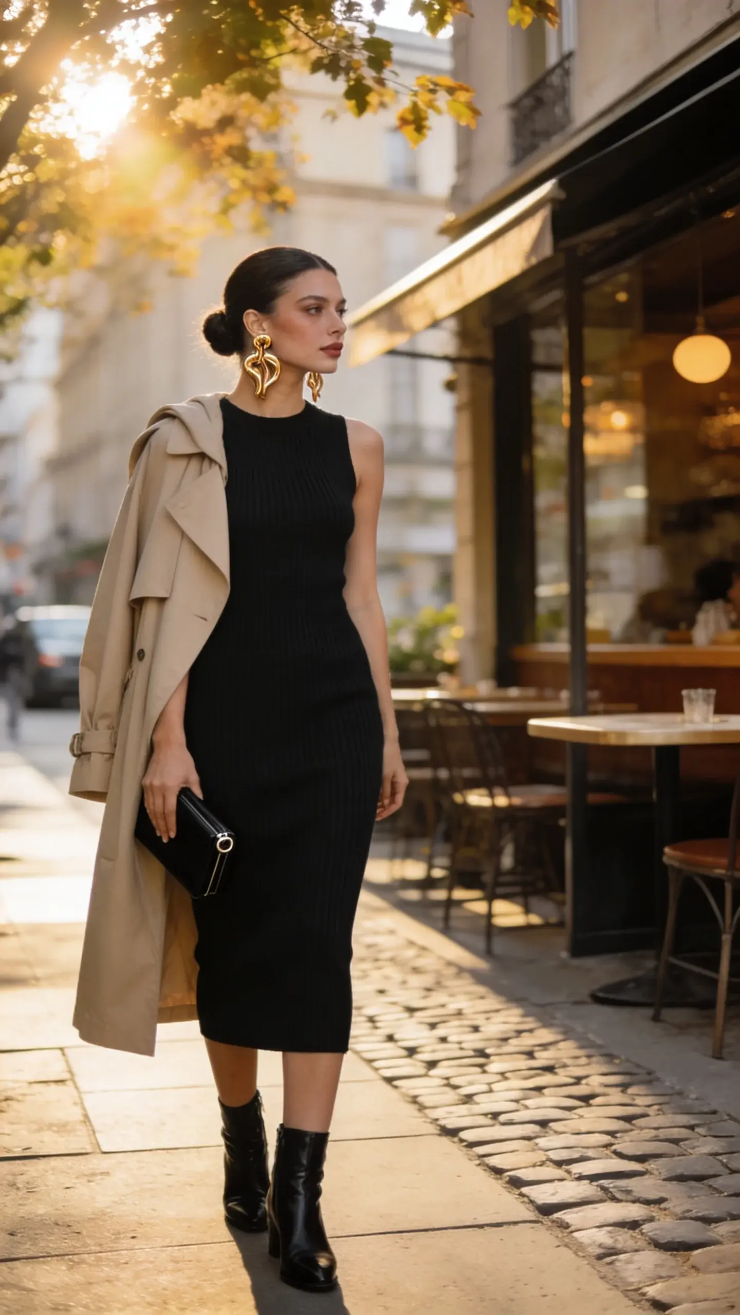 Golden-hour street style photo of a woman wearing a little black dress that transitions seamlessly from day to night: a black, midi-length ribbed knit LBD with a subtle column silhouette that skims the body without clinging, high round neckline, and sleeveless cut. She layers a lightweight beige trench draped over her shoulders. On her feet, black leather ankle boots; she carries a compact black clutch with minimal hardware. Bold statement earrings in sculptural gold catch the light. Natural, soft-glam makeup and a polished low bun. She stands on a cobblestone city sidewalk near a café, soft backlight flaring through tree leaves, shallow depth of field, realistic textures in fabric and skin, editorial fashion photography style, full-body shot, neutral color palette, no text.