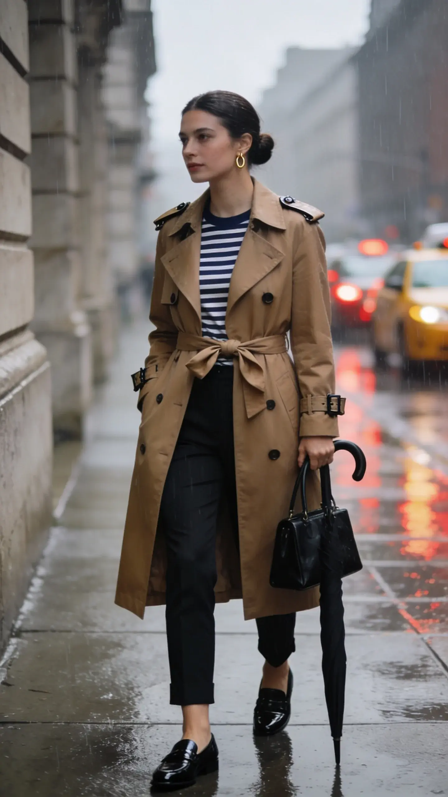 Realistic high-fashion street-style photo on a rainy city sidewalk: a confident woman in a classic camel trench coat (mid-calf length, storm flaps, epaulettes) cinched with a casually tied belt in a half-bow; beneath, a navy-and-cream striped Breton tee tucked into slim black cigarette pants that hit just above the ankle. She wears glossy black leather loafers, carries a structured black top-handle bag on her forearm, and holds a black, curved-handle structured umbrella. Light drizzle creates cinematic reflections on wet pavement; blurred taxi lights and muted stone buildings form the background. Soft overcast lighting, shallow depth of field, natural skin tones, minimal makeup, sleek low bun, delicate gold hoop earrings. Emphasize timeless, polished styling and rich fabric texture—gabardine trench, smooth leather, crisp cotton—captured with a 50mm lens, high-resolution, editorial quality, no text.