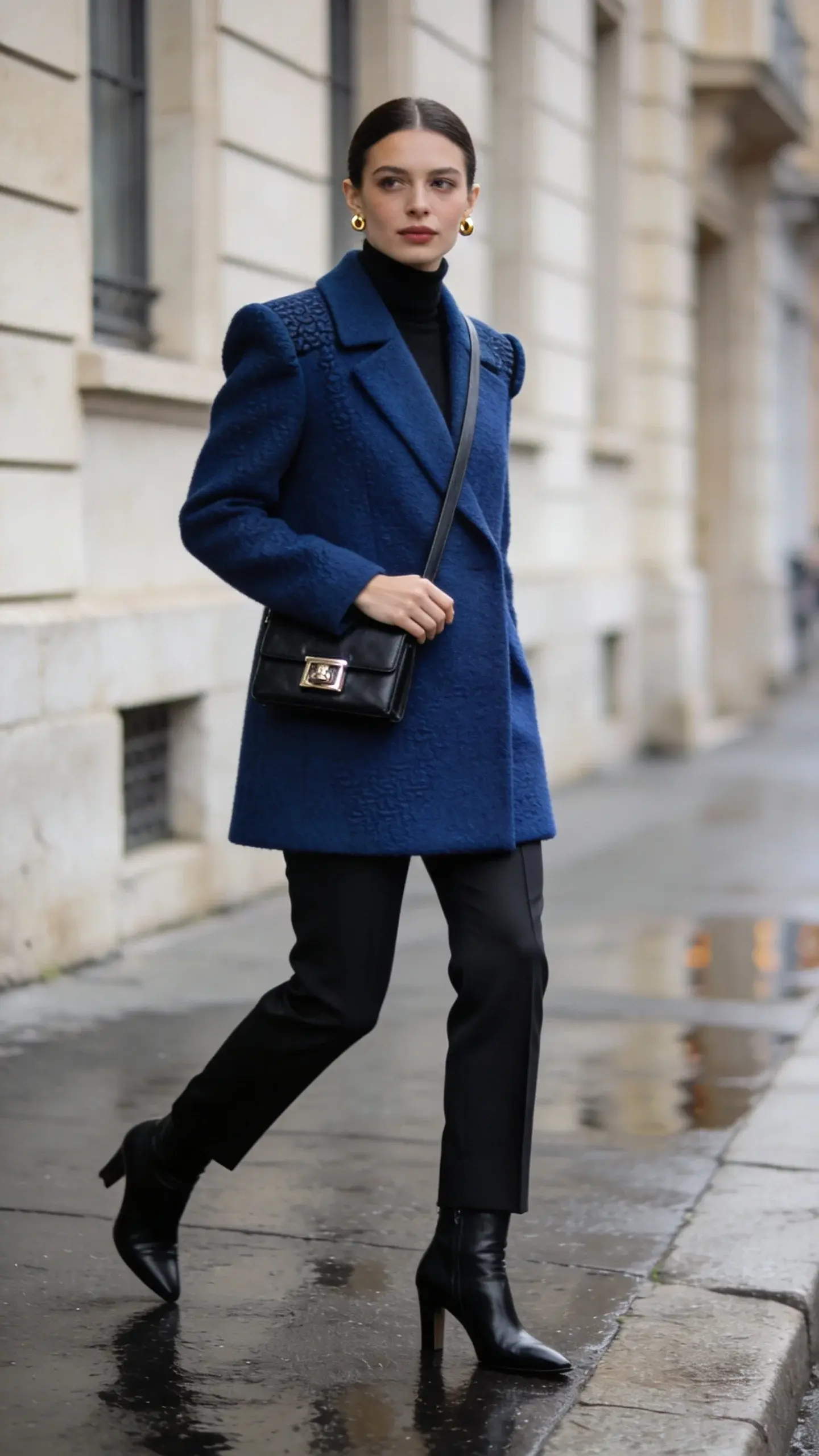 Street-style fashion photograph of a woman wearing the statement coat that solves every “what do I wear?” crisis: a knee-length, clean-lined wool coat in rich cobalt blue with subtle texture, structured shoulders, and a beltless, minimalist silhouette. Underneath, a fitted black turtleneck tucked into tailored black trousers with a sharp crease. Footwear: sleek black leather heeled ankle boots. Accessories: small gold stud earrings and a slim black leather crossbody with a polished metal clasp, worn diagonally. Hair is smooth and tucked behind ears; makeup is natural with a soft matte finish. Scene: overcast urban sidewalk in a stylish city neighborhood (neutral-toned building facades, soft reflections on damp pavement), shallow depth of field and natural diffused light. The overall palette is restrained—black, cobalt, and neutral stone—so the coat is the focal point. Pose: mid-stride, looking slightly off-camera with confident posture, one hand grazing the crossbody strap. Photorealistic, high-resolution, editorial street-style aesthetic, crisp textures (wool, leather), no text.