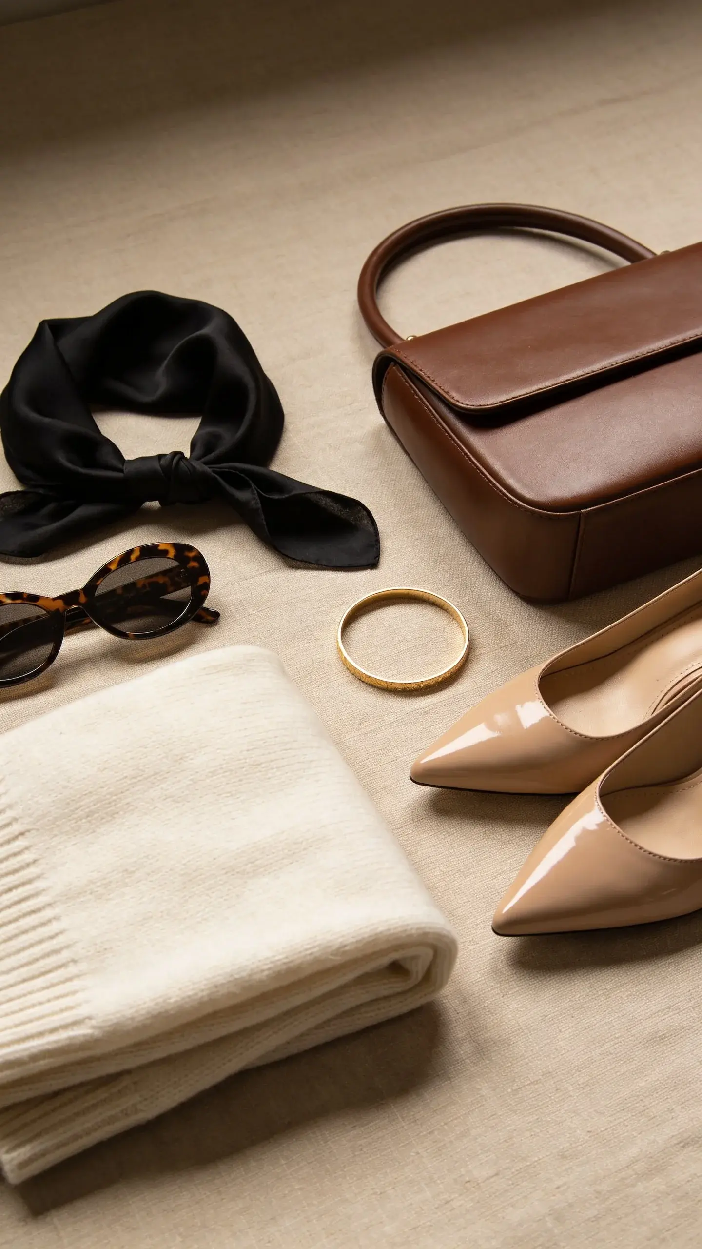 Close-up flat lay of quiet luxury essentials on a beige linen surface: folded ivory cashmere sweater, black silk scarf, tortoiseshell sunglasses, slim gold bangle, structured leather top-handle bag in chocolate brown, and a pair of nude pointed-toe pumps; warm, diffused light emphasizing textures.