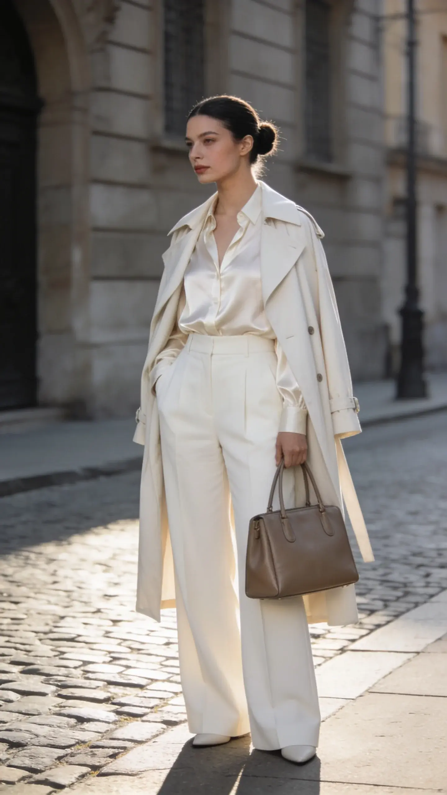 Street-style scene on a cobblestone sidewalk: a woman in a monochrome ivory look—silk blouse tucked into tailored wide-leg trousers, draped light trench, sleek bun, minimal makeup—carrying a structured taupe leather tote; soft morning light, muted city background, understated elegance.