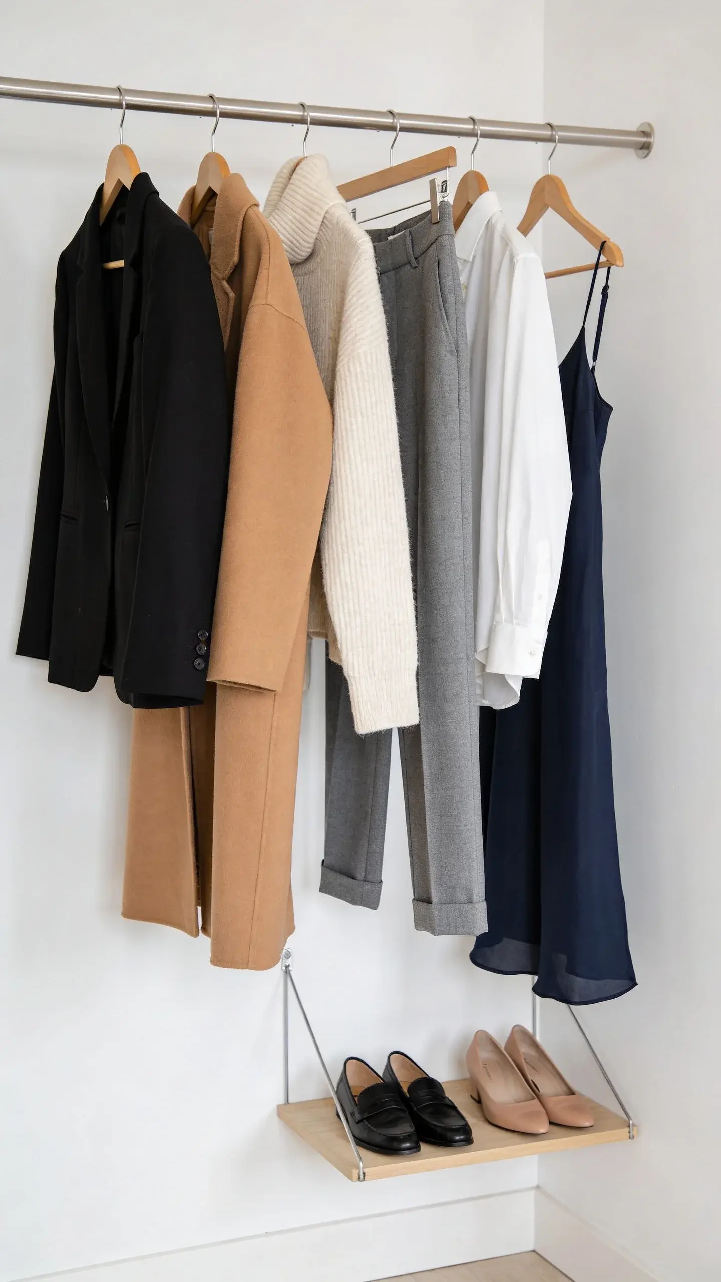 Capsule wardrobe rack against a white wall: neatly spaced hangers with a cohesive neutral palette—black blazer, camel coat, ivory knit, gray trousers, white shirt, navy slip skirt—below, a small shelf with black loafers and nude pumps; clean, airy composition emphasizing simplicity.