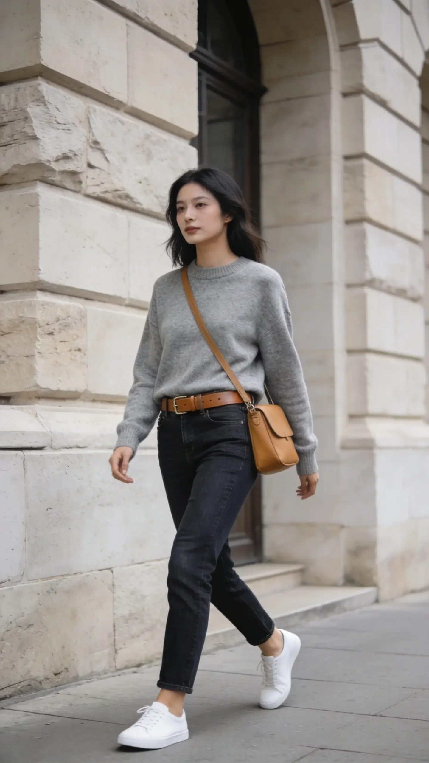 Weekend casual luxe: a woman in a heather gray cashmere crewneck, tailored dark indigo straight-leg jeans, tan leather belt, white minimalist sneakers, and a camel crossbody; walking past a neutral stone building; overcast lighting that flatters textures and keeps colors muted.