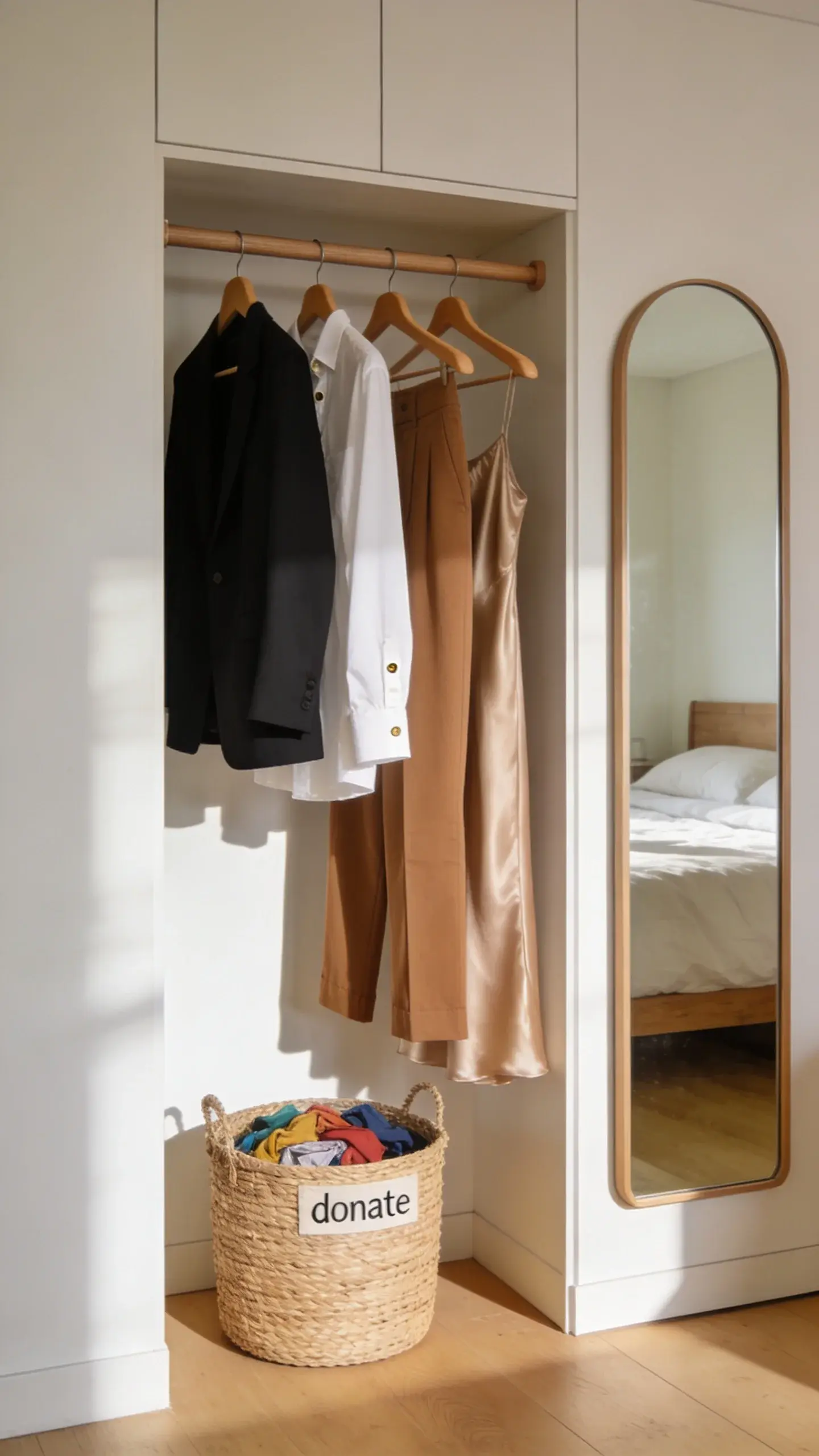 Sunlit minimalist bedroom with a neatly organized open clothing rack: a tightly curated selection of neutral-toned garments (black blazer, crisp white button-down, camel trousers, silk slip skirt), matching wooden hangers all facing the same direction, a woven laundry basket with a small “donate” pile of colorful pieces on the floor, a full-length mirror reflecting a tidy bed, soft morning light, no text.