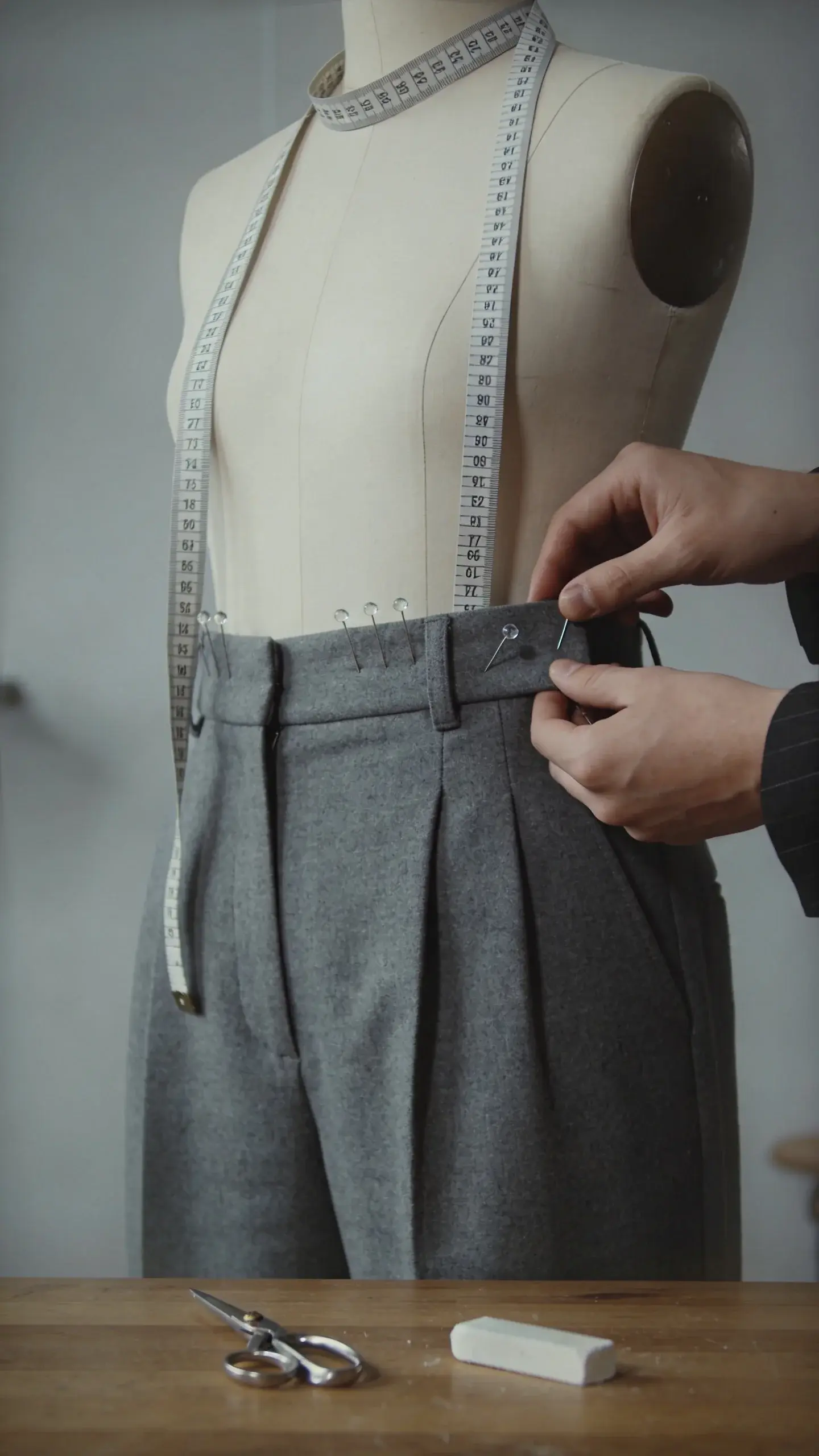 Close-up of a tailor’s hands pinning the waist of high-waisted trousers on a dress form: gray wool trousers, fine glass-head pins, flexible measuring tape draped around the neck of the mannequin, small metal sewing scissors and chalk on a wooden worktable; soft studio lighting, no text.