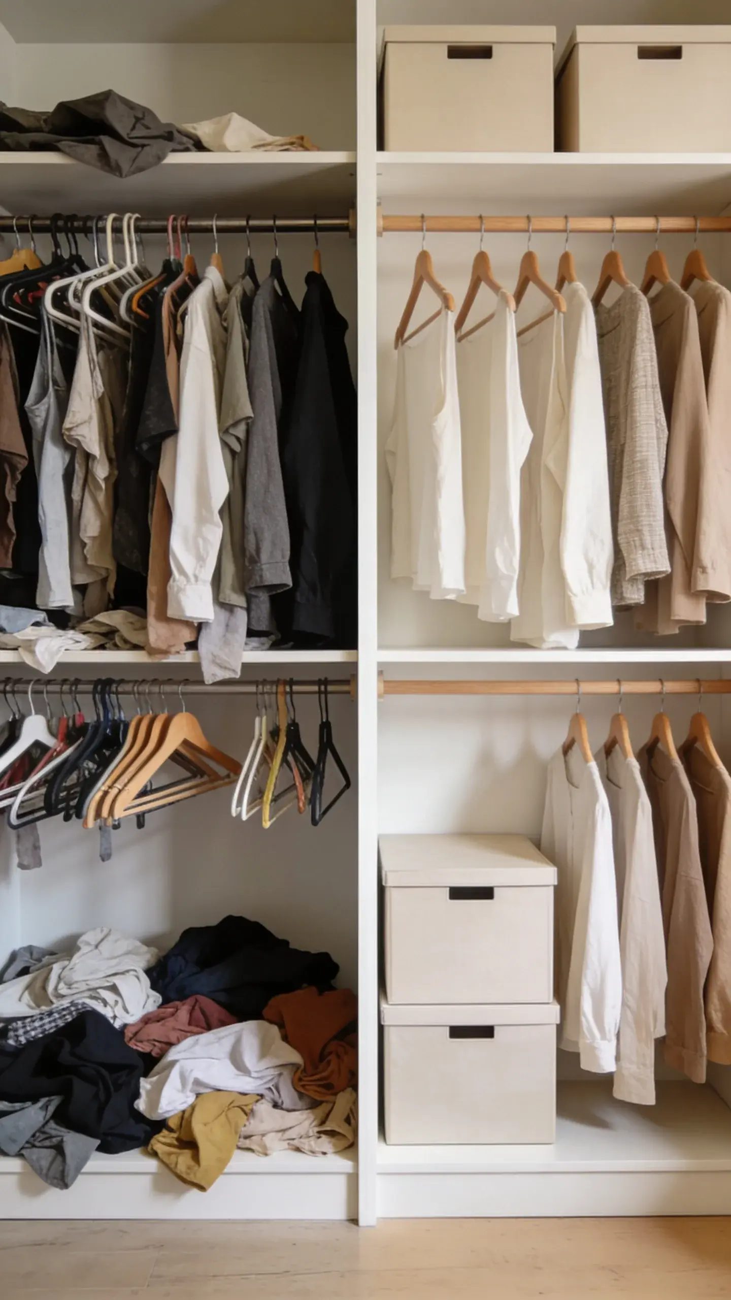 Before-and-after split scene of a closet: left side chaotic with mismatched hangers, wrinkled clothes, and random colors; right side serene with neutral palette, matching wooden hangers, evenly spaced garments, and storage boxes; same vantage point, natural daylight, no text.