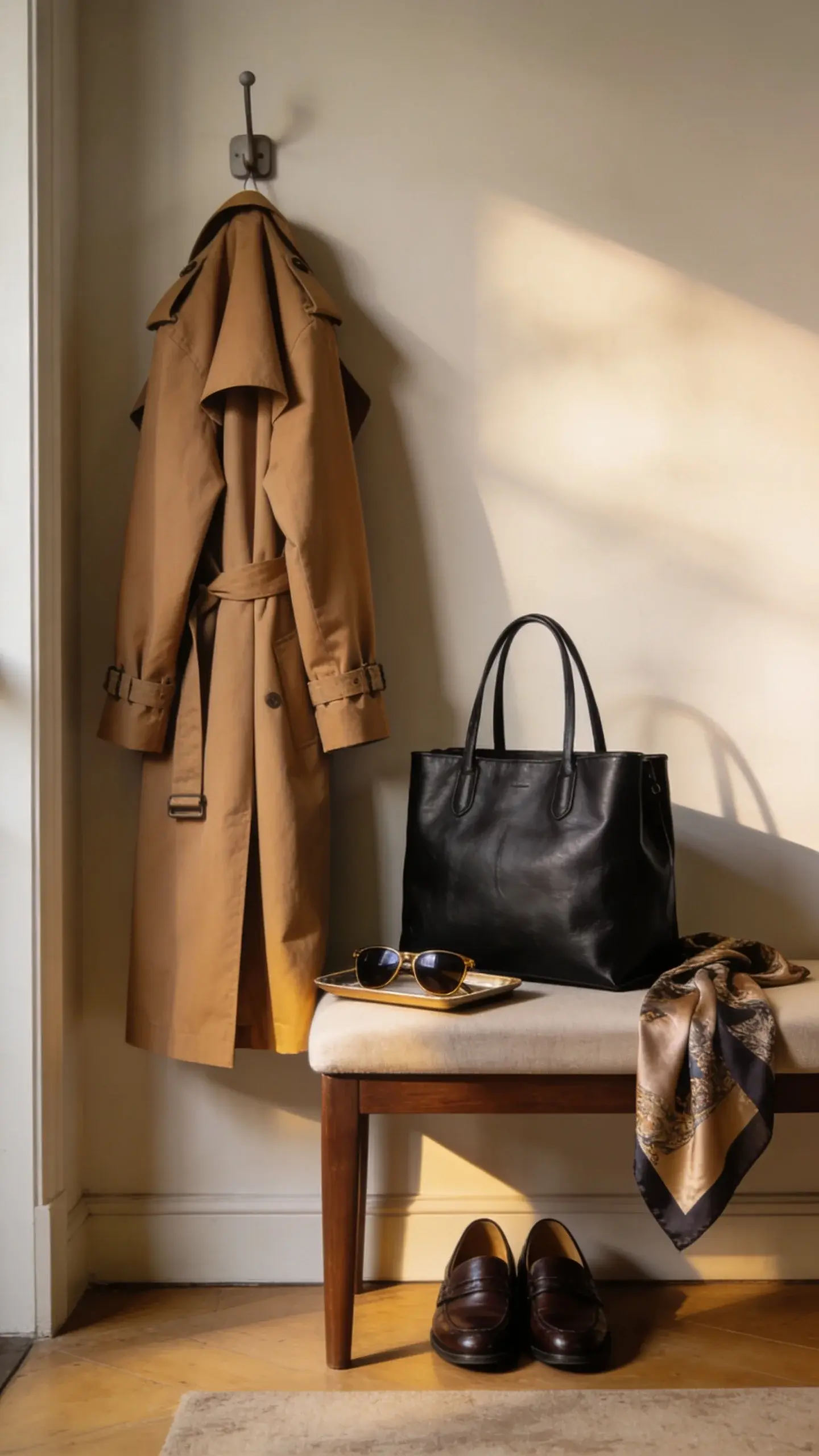 Entryway vignette showing a finished, elevated outfit ready to go: a camel trench coat on a simple wall hook, black leather tote on a bench, polished loafers below, silk scarf draped casually, sunglasses on a small tray; muted color palette, soft afternoon light, no text.