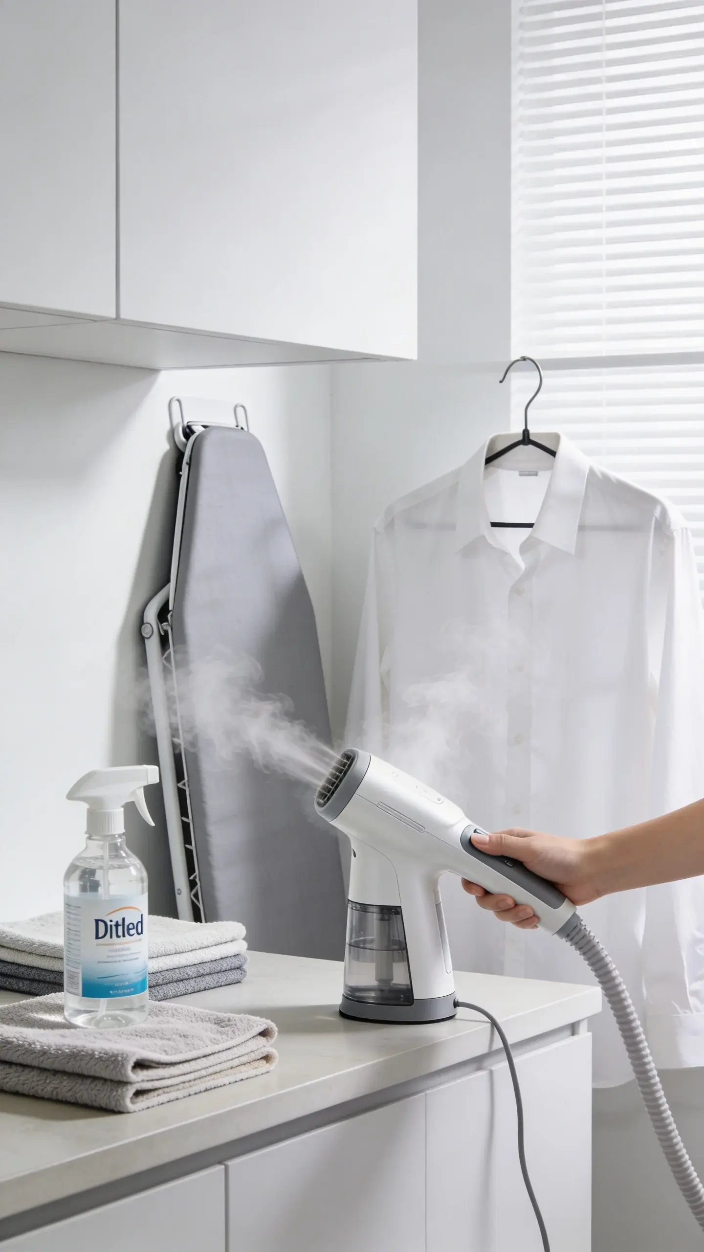 Modern laundry/utility corner with a handheld steamer smoothing a white shirt on a hanger; gentle steam rising, a spray bottle of distilled water, neatly folded microfiber cloths, and a minimalist ironing board folded against the wall; bright, clean aesthetic, no text.