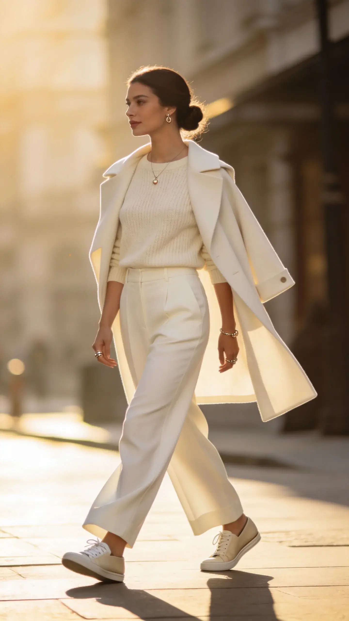 Street-style moment of an elegant woman walking confidently: monochrome outfit (cream wide-leg trousers, matching knit, structured coat over shoulders), low bun, subtle jewelry, clean sneakers or loafers; urban backdrop with soft blur, golden-hour light, no text.
