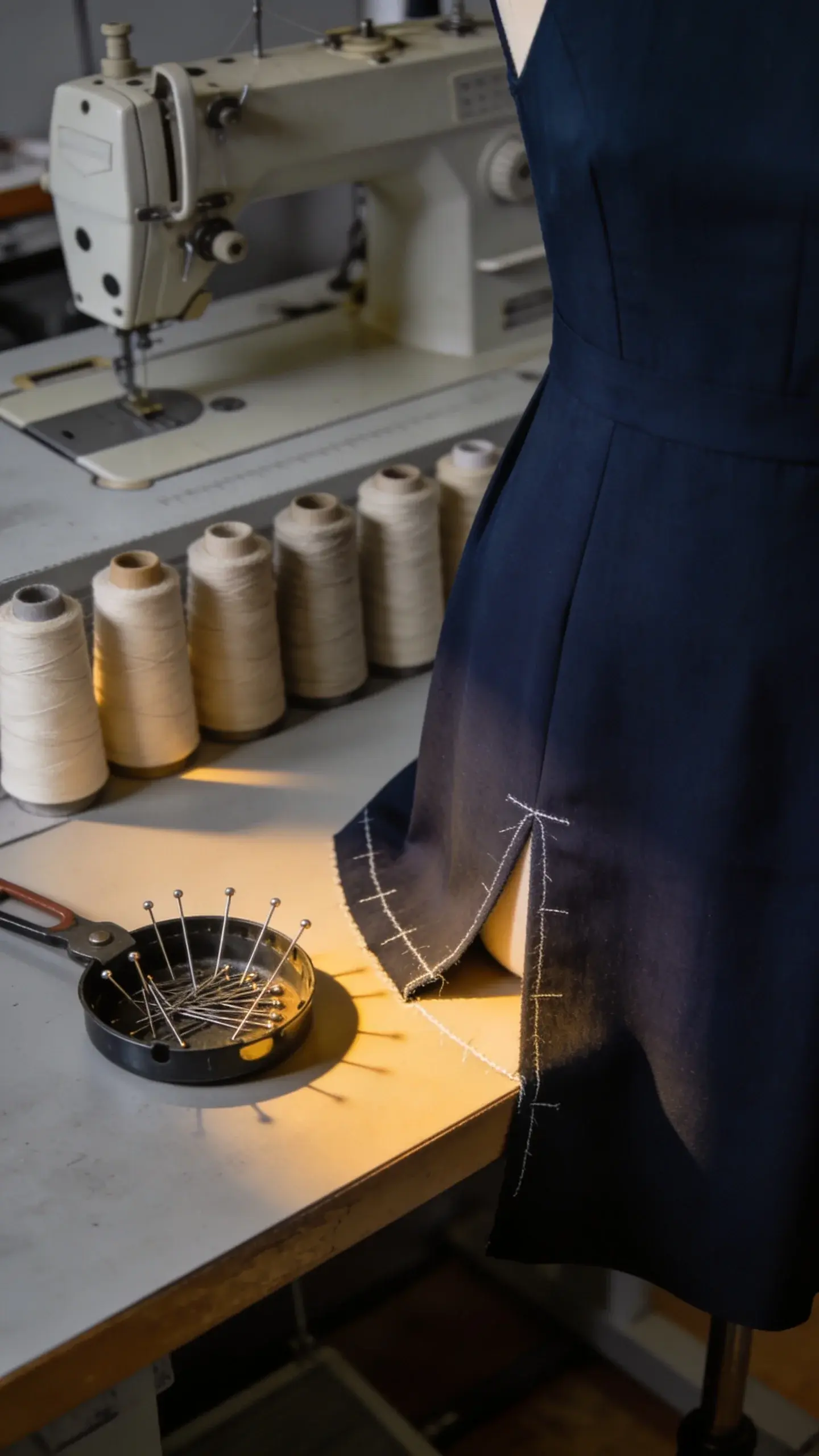 Tailor’s studio scene with a half-finished hem alteration: navy midi dress on a mannequin, chalk hemline marks, pins in a magnetic dish, sewing machine in the background, spools of neutral thread lined up; moody, focused lighting highlighting craftsmanship, no text.