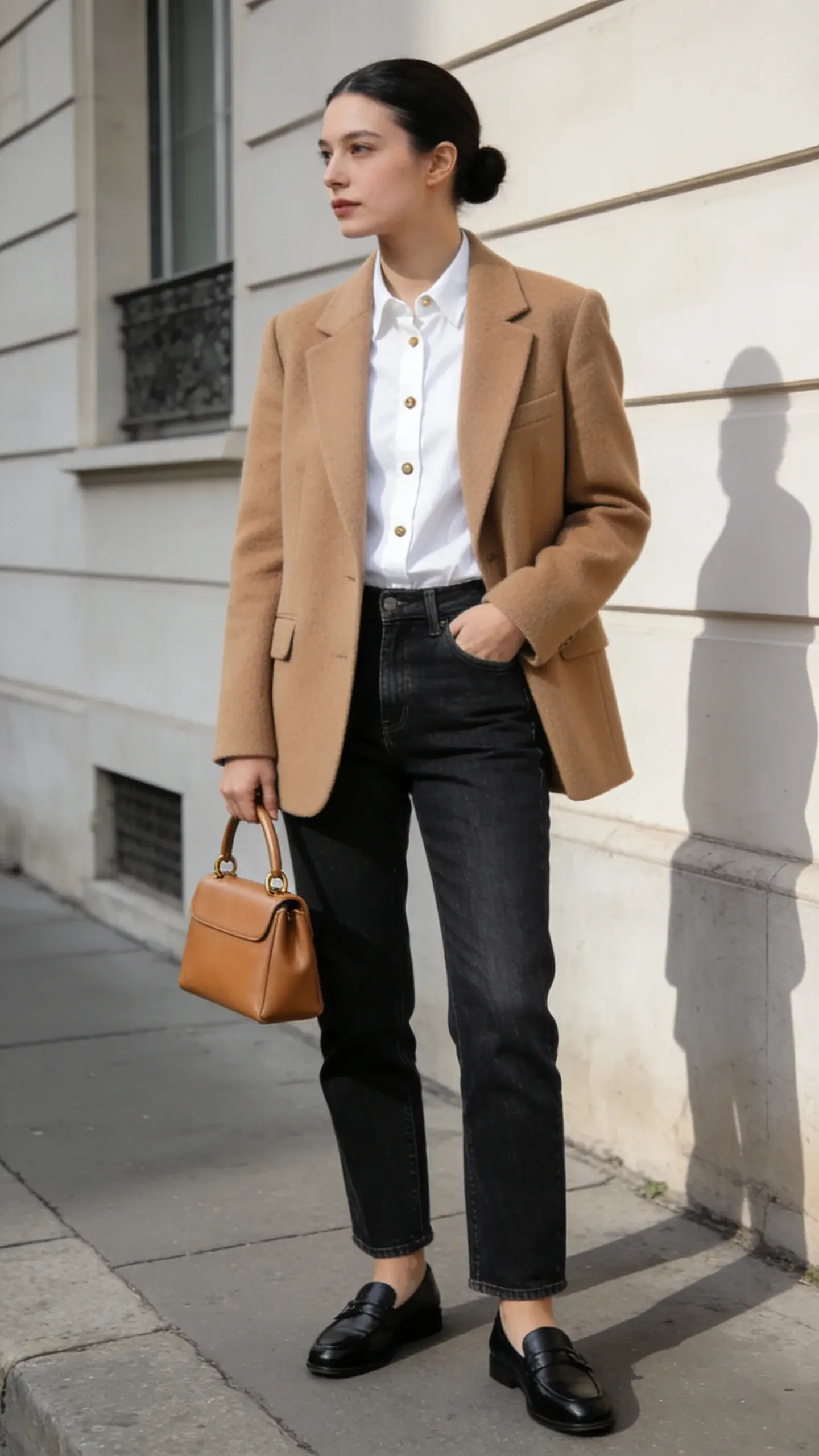 A minimalist street-style scene: a woman with a sleek low bun wears a camel wool structured blazer over a white cotton poplin button-up, straight-leg dark indigo denim, and black leather loafers; she carries a small tan leather top-handle bag. Neutral palette, soft morning light, subtle texture on fabrics, no logos, clean European city sidewalk backdrop.