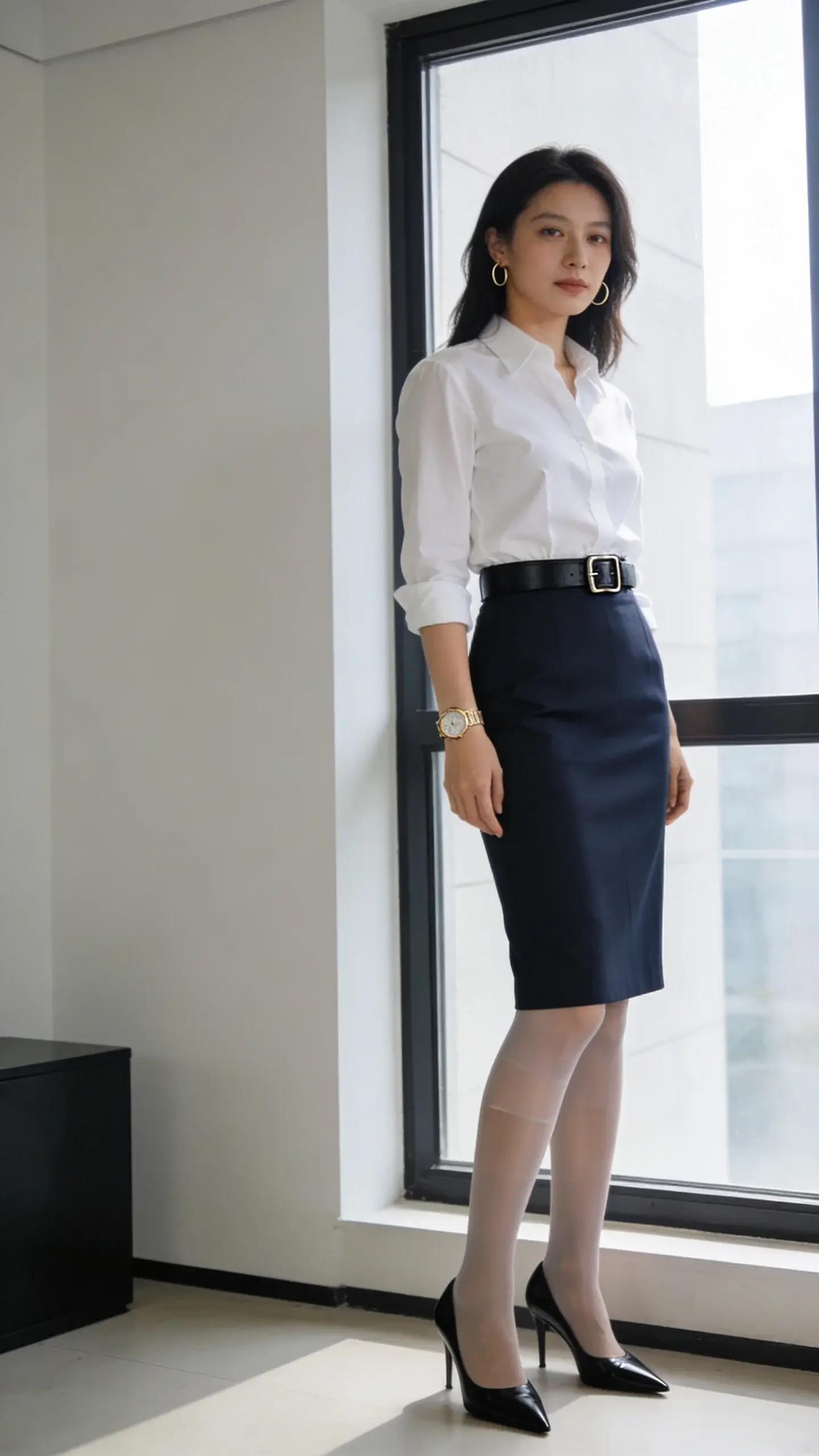A refined office look: woman standing by a window in a tailored navy column skirt, crisp white cotton poplin shirt tucked in, thin black leather belt with understated buckle, nude sheer tights, black pointed-toe leather pumps. Simple gold watch and minimal hoops. Natural daylight, pared-back modern interior.