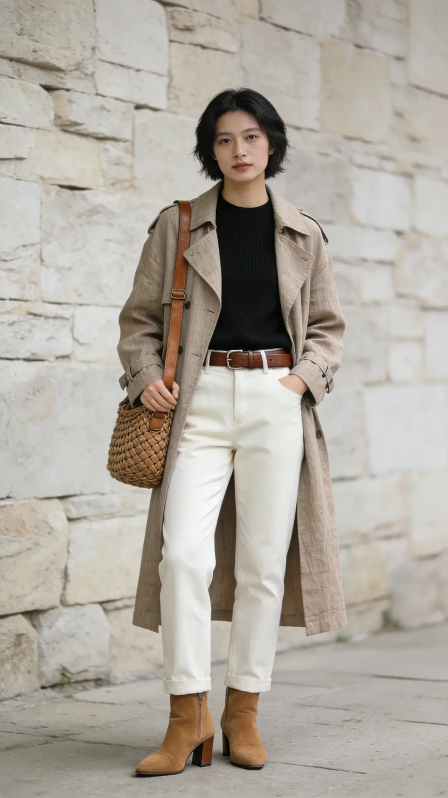 Weekend casual elegance: linen-blend oatmeal trench coat over a black crewneck fine-gauge knit, high-waisted ivory straight-leg trousers, brown leather belt, tan suede low-heel ankle boots; carrying a woven leather shoulder bag. Pale stone wall backdrop, muted color grading, emphasis on texture.