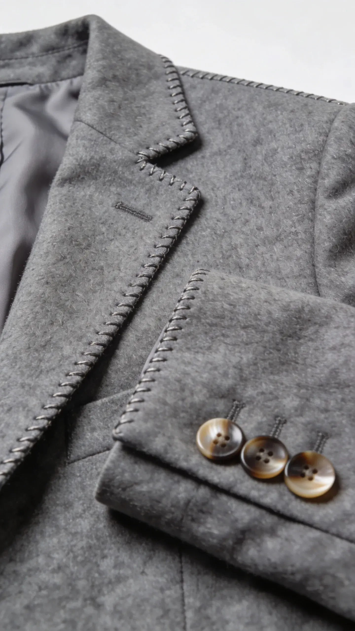 Detail macro of tailoring: the shoulder and lapel of a gray wool blazer with sharp, clean lines; visible pick stitching, quality horn buttons on the cuff, and smooth lining peeking from the sleeve. Neutral background, high-resolution texture emphasis.