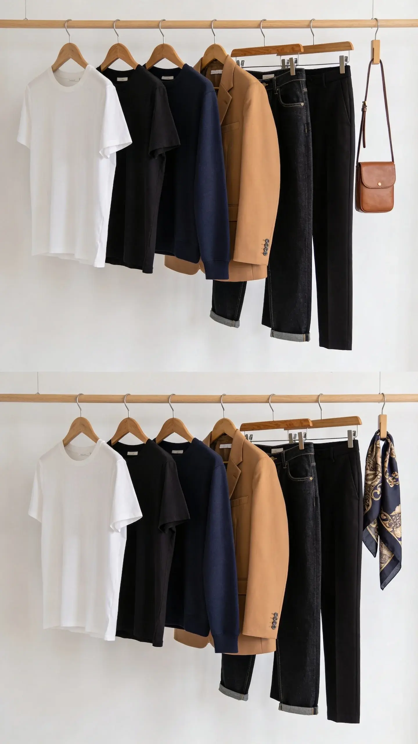 Side-by-side wardrobe rail scene: a curated row of basic pieces in neutrals (white tee, black tee, navy crewneck sweater, camel blazer, dark denim, black trousers), evenly spaced on matching wooden hangers, good lighting, no logos, a small leather crossbody and a silk scarf draped neatly at the end, clean white wall backdrop, editorial aesthetic