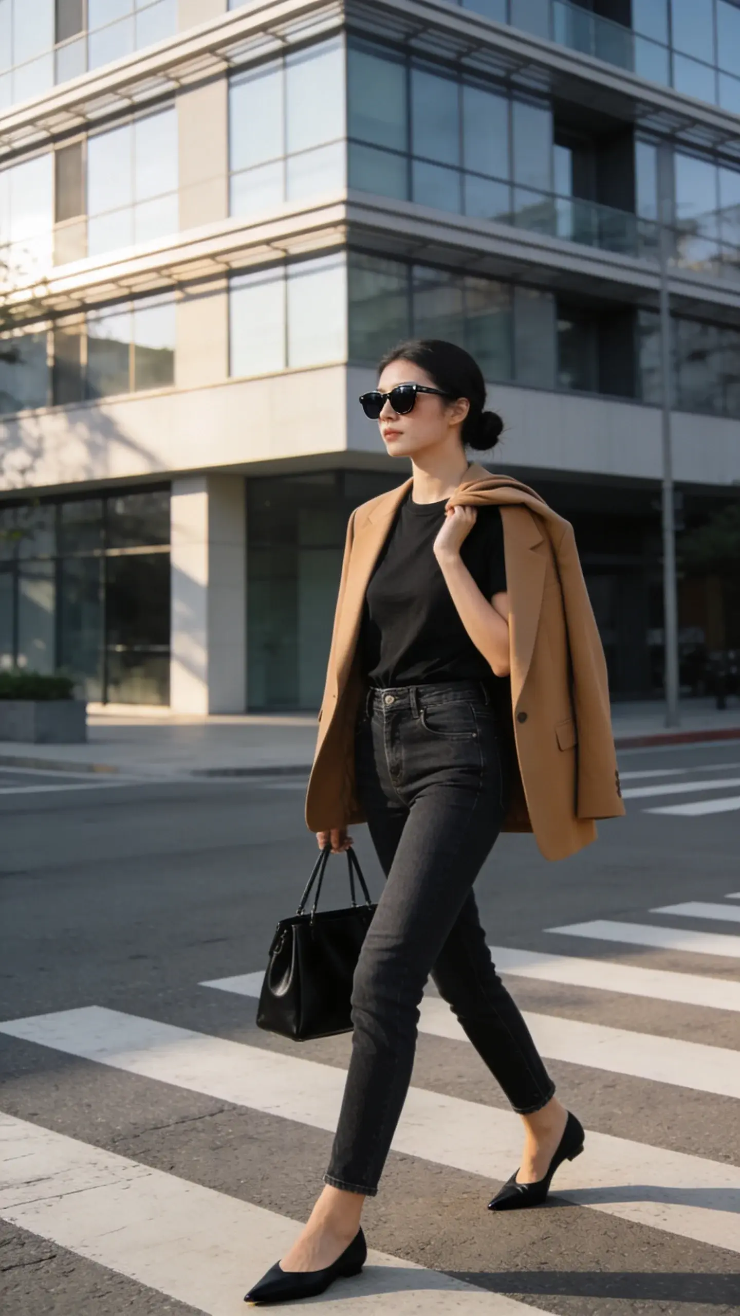 Street style full-body shot of a woman in dark-wash high-rise jeans that skim the body, black tee tucked neatly, tailored camel blazer draped over shoulders, pointed black flats, structured black tote, hair in low bun, subtle sunglasses, walking across a crosswalk in a modern city, early morning light, crisp shadows, effortless and composed