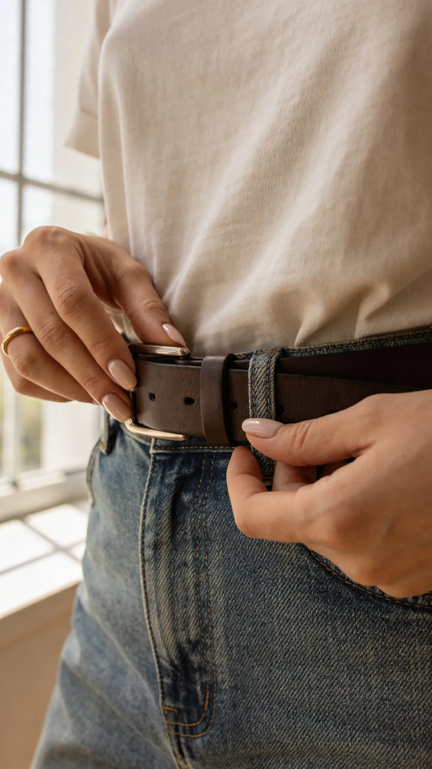Detail shot of clean, polished grooming: close-up of hands with neat nude manicure adjusting a sleek leather belt on mid-rise jeans, tucked tee with smooth line, minimal gold ring, soft window light, textured denim visible, understated and refined look