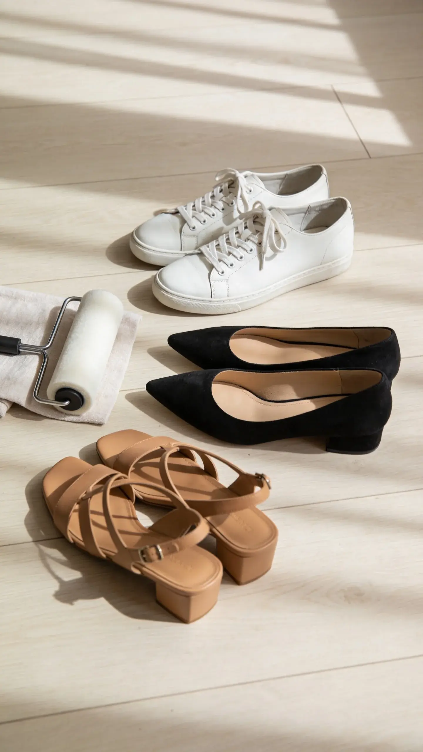Capsule shoe lineup on a light wooden floor: three pairs artfully arranged—white leather sneakers, black pointed flats, tan low-heeled sandals—pristine and scuff-free, next to a lint roller and soft cloth, morning light casting soft shadows, no branding, editorial minimalism