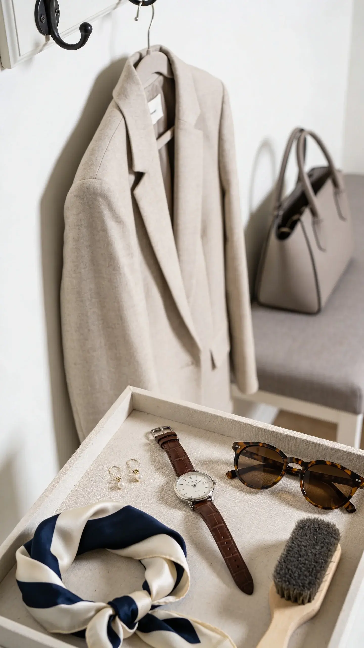 Minimalist entryway vignette showing polish-through-accessories: a small tray with simple stud earrings, a classic watch with leather strap, a pair of tortoiseshell sunglasses, a folded silk scarf in navy/cream, and a lint brush; behind it a neutral blazer on a hook and a structured tote on a bench, soft natural light, tidy and serene