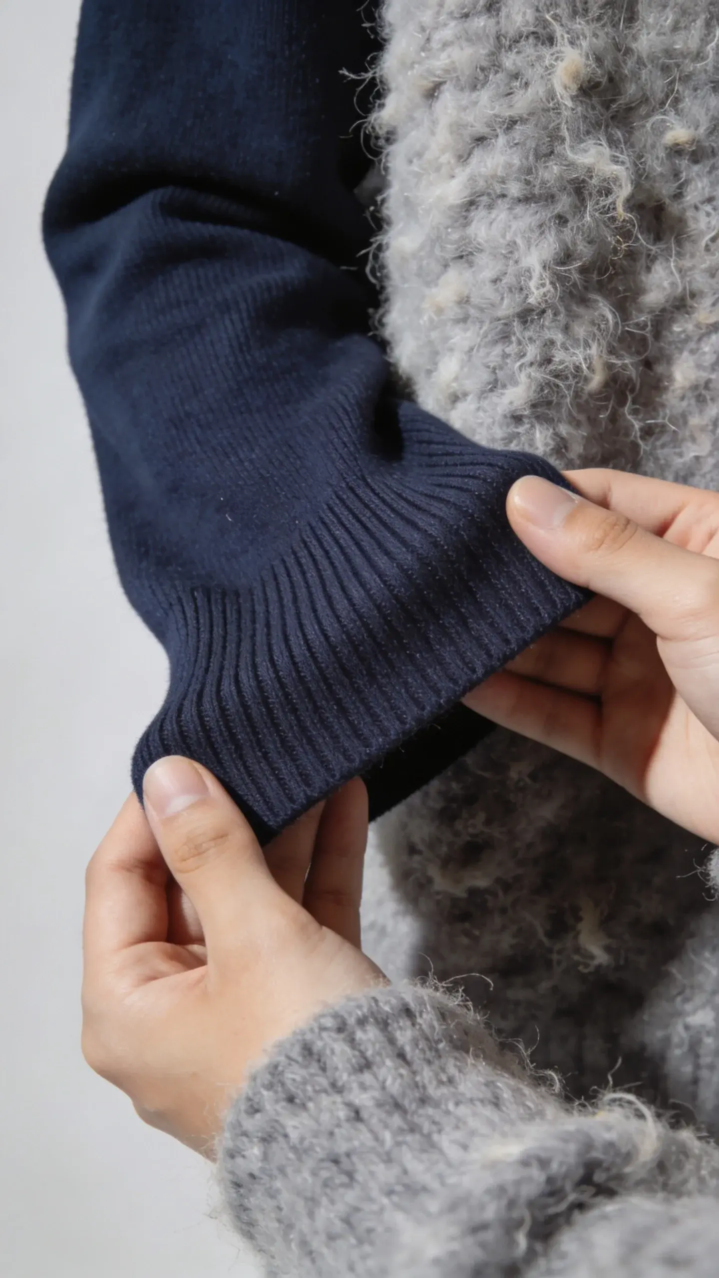 Close-up macro shot of a navy merino wool sweater sleeve showing tight, even knit and no pilling, next to a contrasting corner of a fuzzy, pilled acrylic sweater; hands gently stretching fabric to show drape; neutral, editorial lighting.