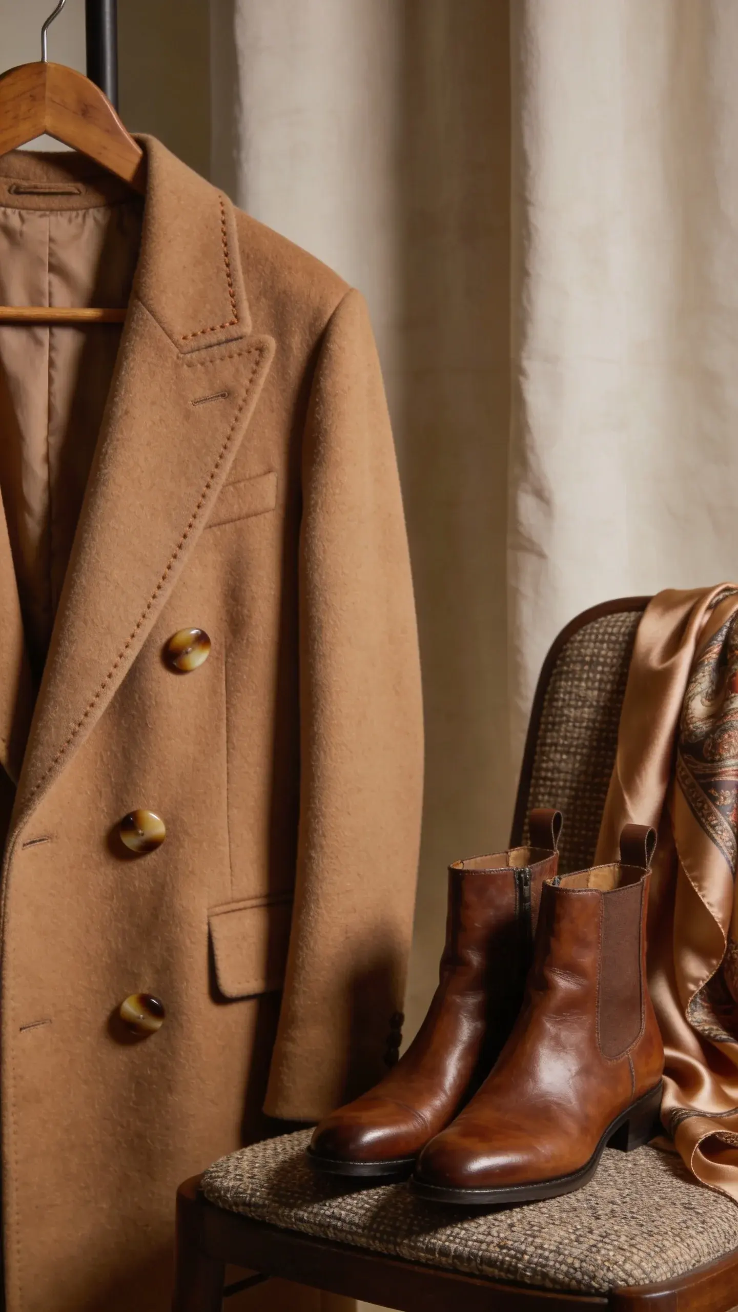 Tailoring focus: a camel wool coat on a hanger with visible hand-finished-looking seams, clean lapels, horn-style buttons, and a smooth lining; nearby a pair of polished leather ankle boots and a silk scarf on a chair; muted, cozy backdrop.