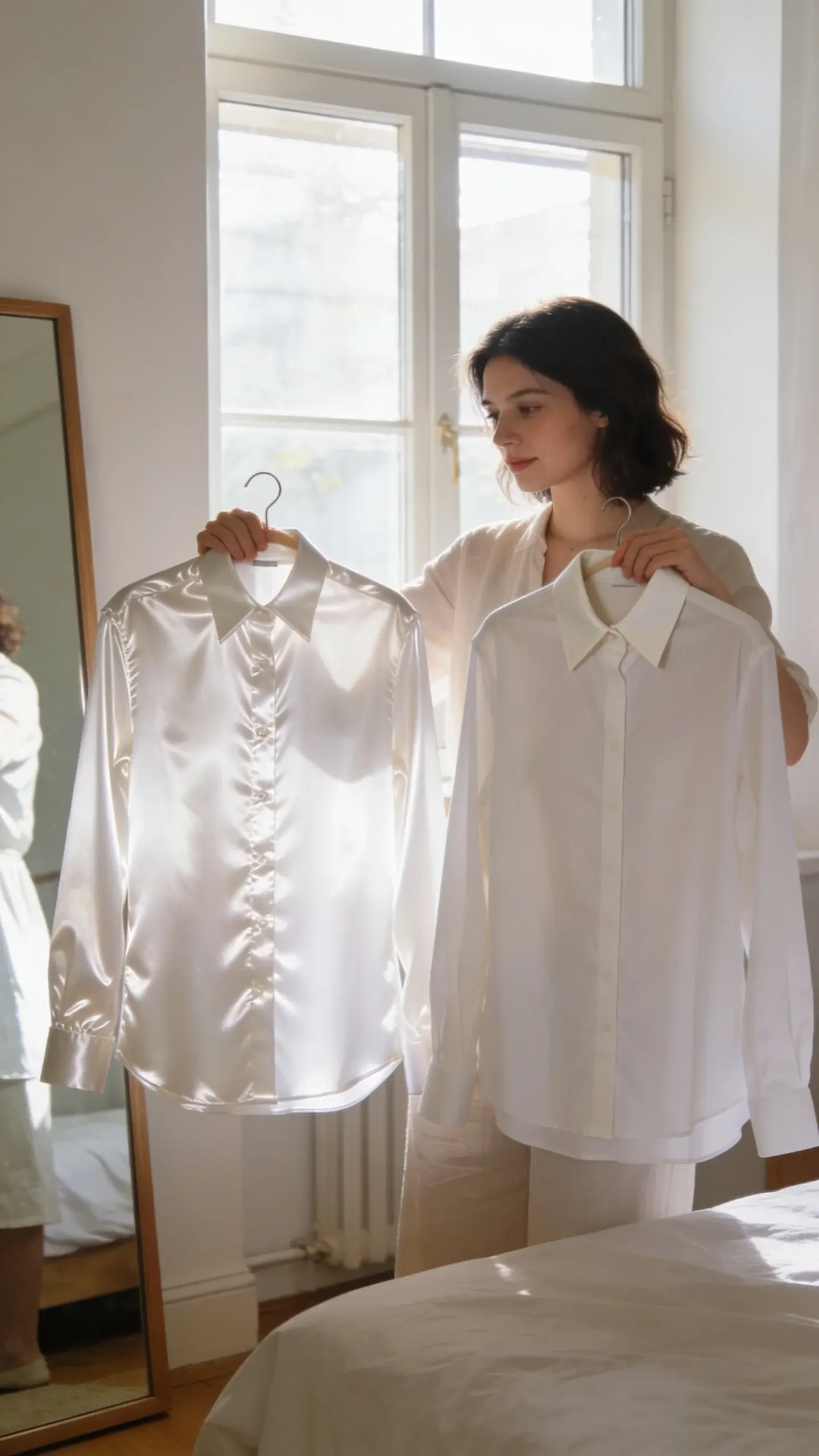 “Texture test” try-on: woman in front of a window comparing two white shirts in a mirror—left is stiff, shiny polyester; right is soft Oxford cotton with subtle texture and better collar roll. Soft morning light, uncluttered bedroom.